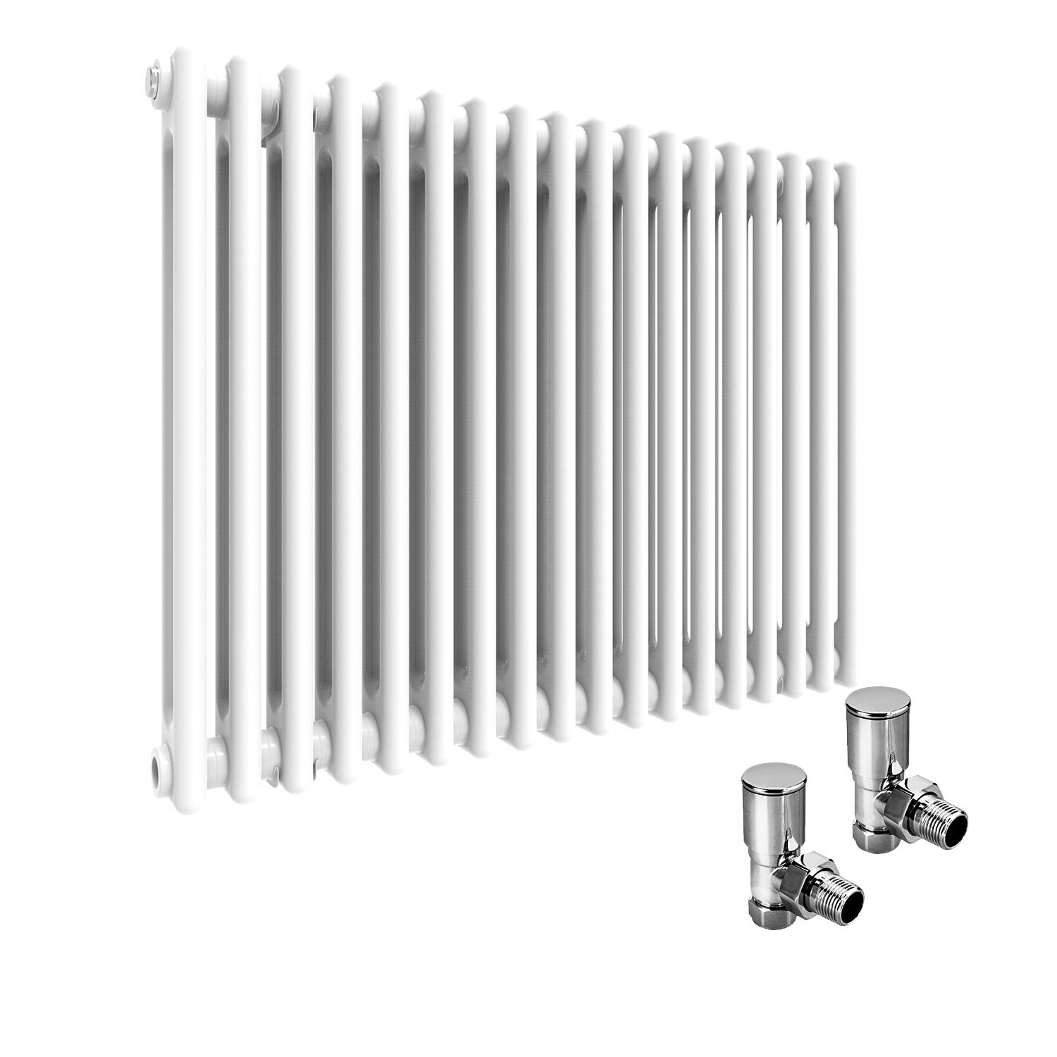 ELEGANT Traditional Cast Iron Style 2 Column Horizontal Central Heating Double Bar Colosseum Designer Radiators White 600 x 812 mm with Valves Chrome
