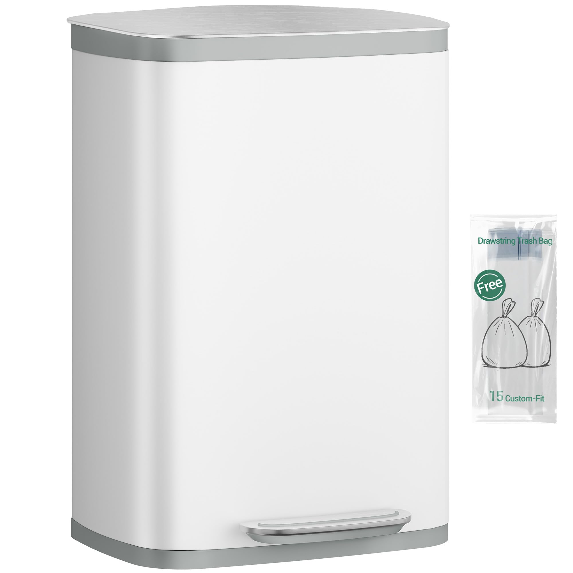 Hzuaneri Kitchen Bin 50 L, Pedal Bin with Soft-Close Lid, Stainless Steel Rubbish Bin with Handle, Removable Inner Buckets, 15 Inner Buckets, White SW15099W — image 1