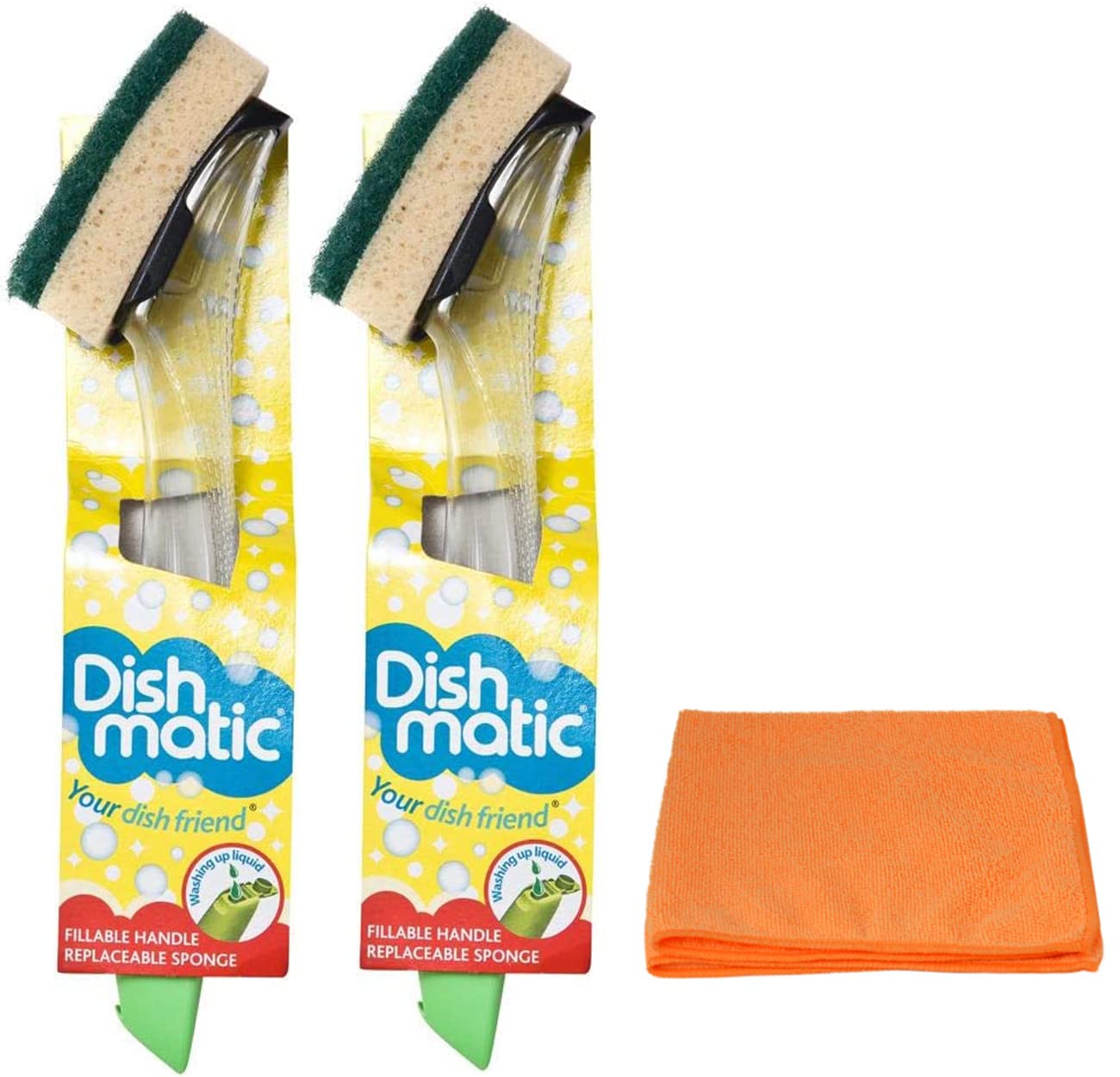 Topest 2X Fillable Washing Up Brush And Sponge Bundle- Easy Grip Dish Cleaner - With Ultra Absorbent Microfibre Cleaning Cloth