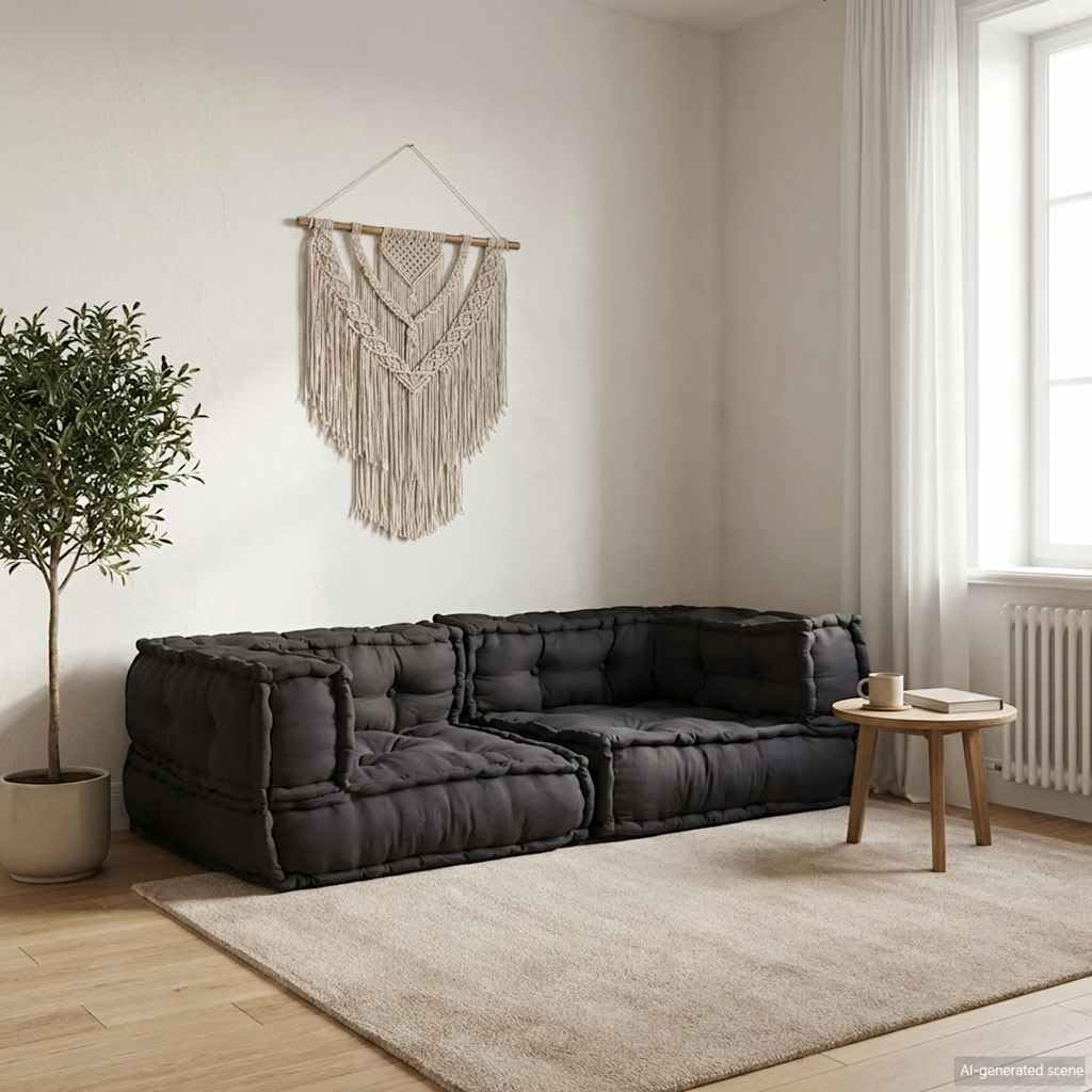 Sofá modular de 2 plazas, antracita, 140 x 70 x 36 cm, de algodón | Sofá de suelo flexible con relleno de espuma suave y funda de algodón para sala de estar, porche o rincón de juegos.