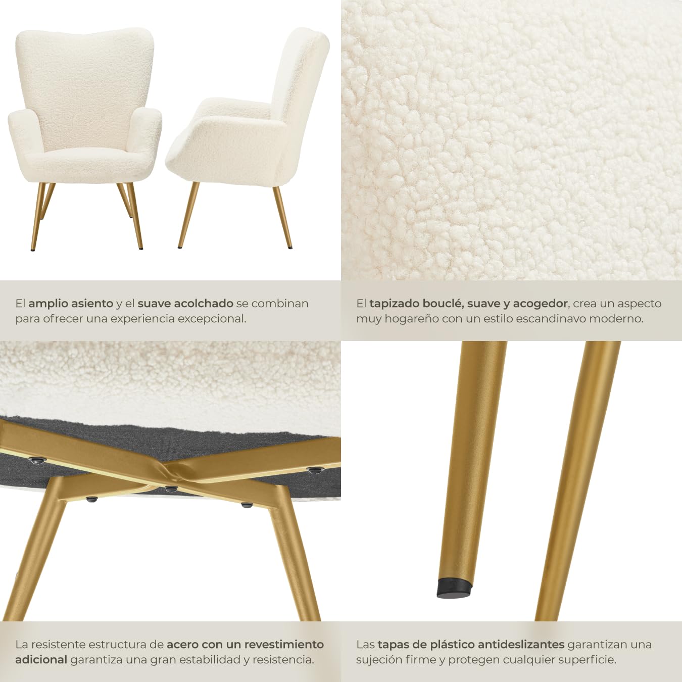 tectake® Sillón Orejero Estilo Escandinavo, Butaca de Salón con Tapizado en Tejido Bouclé, Sillón Lectura con Respaldo Ergonómico, Ideal Mueble de Salón, Topes en Patas, hasta 150kg - Crema/Dorado