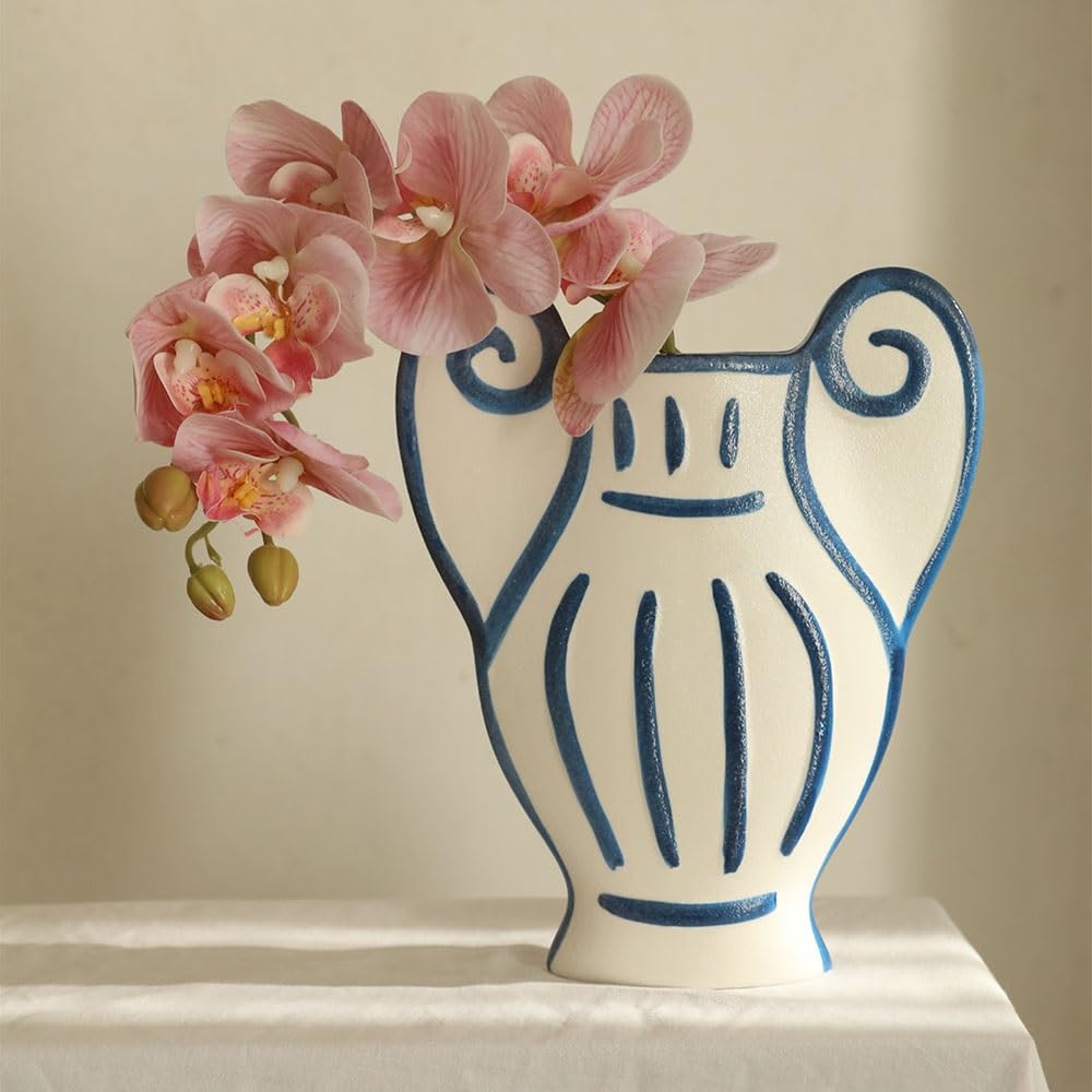 Wazony z kwiatami Wazon w stylu greckim z uroczym wzorem rzymskiej kolumny, ręcznie robiony ceramiczny pojemnik na kwiaty, ozdoba do domu(Duży)