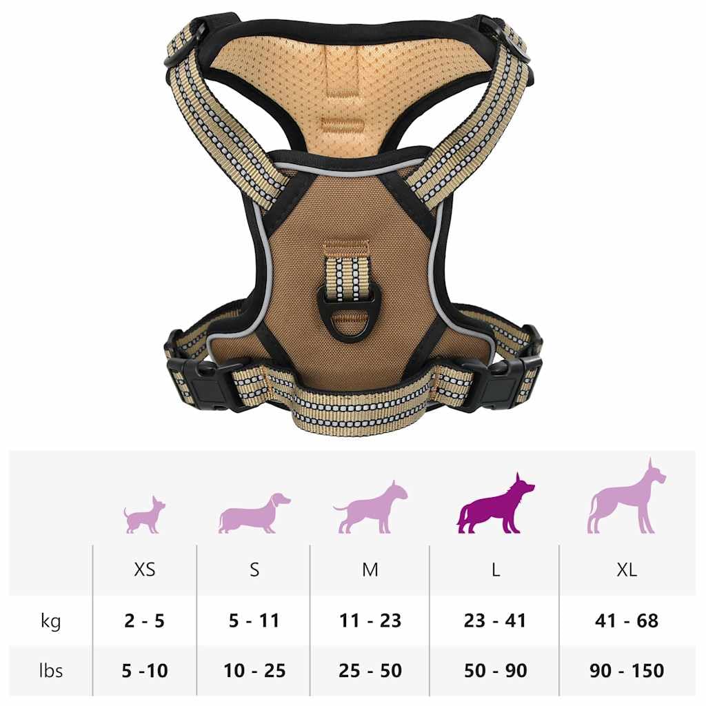 Pettorina per cani riflettente, regolabile, marrone, L, in poliestere, con 4 cinghie, per cuccioli e cani, 2 anelli per guinzaglio, tessuto a rete traspirante per passeggiate, allenamento e