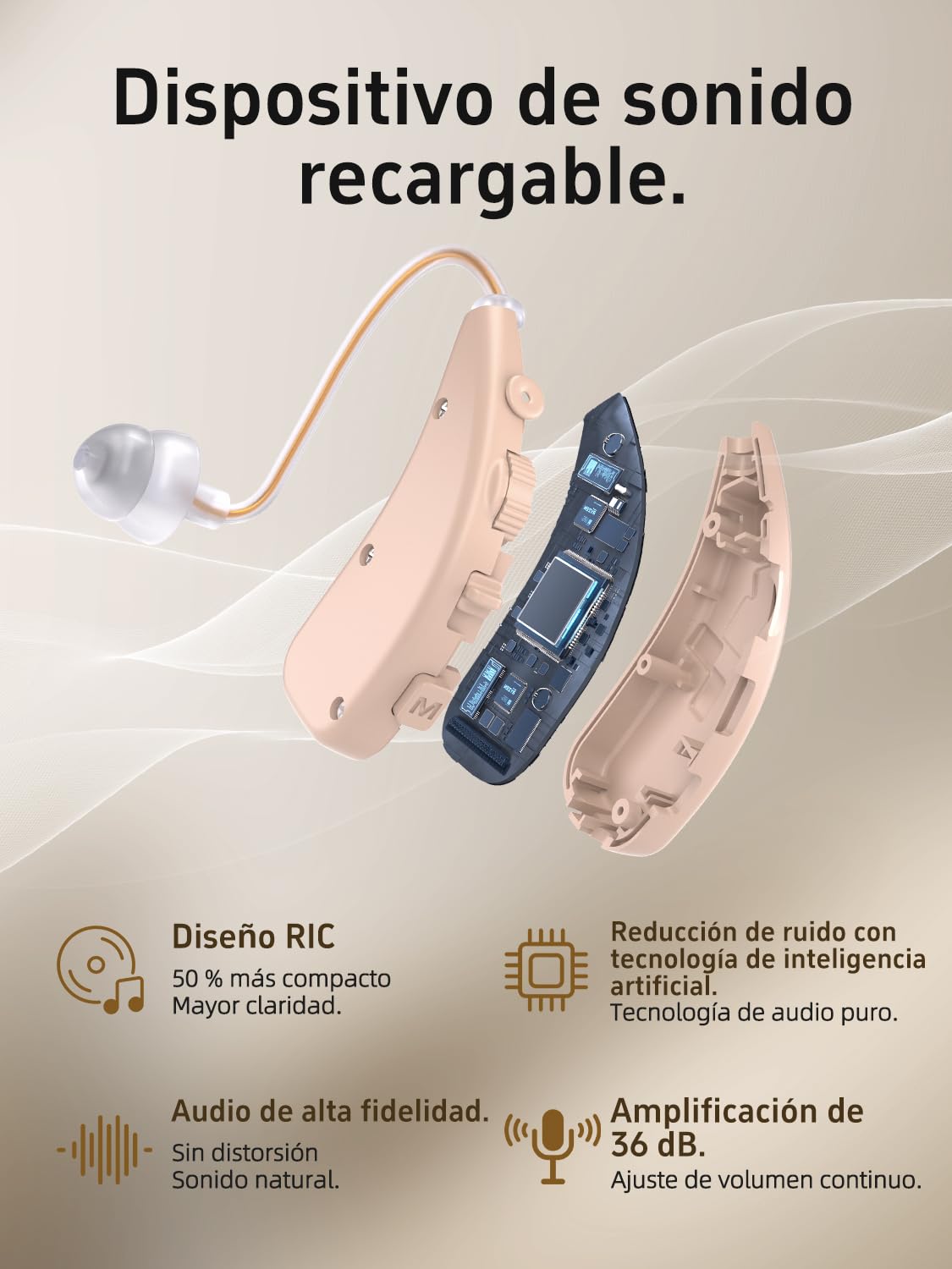 Dispositivo de audio recargable con cancelación de ruido, volumen ajustable, chip inteligente y estación de carga, discreto en el oído,Amplificadores de sonido para personas mayores (2, Beige)