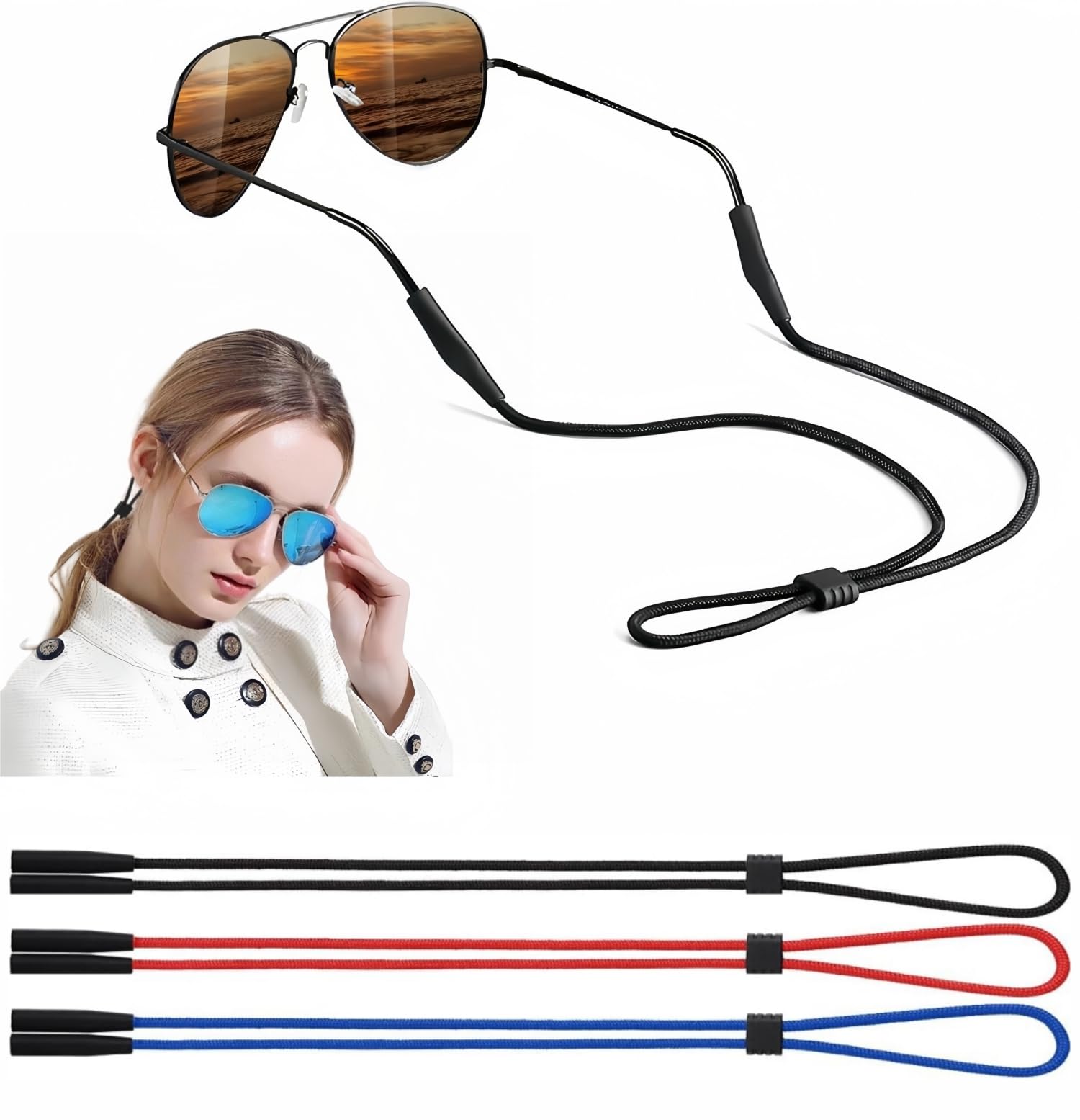 BANSTLE Eyeglasses Holder Strap - 3 Pcs Adjustable Eyewear String Lanyard Retainer - Sunglasses Strap for Men, Women and Kids - Eyeglass Holders Around Neck - Black, Red, Blue