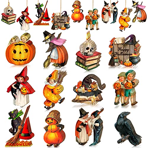 Image of 24 Pcs Halloween Wood Ornaments for Tree Vintage Halloween Decorations Hanging Sign Happy Pumpkin Witch Black Cat Skull Decorative Ornaments for Holiday Party Home Decor