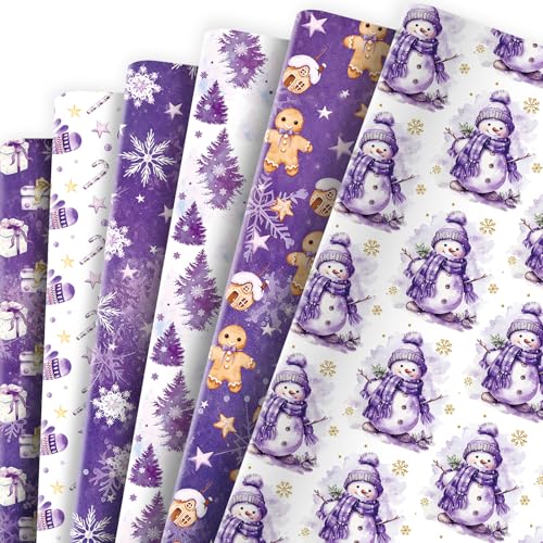 Feivando 12 Sheets Christmas Wrapping Paper Sheets 20 x 27 Xmas Purple Gift Wrap Paper Folded Flat Art Paper for DIY Crafts Holiday Party Present Packing