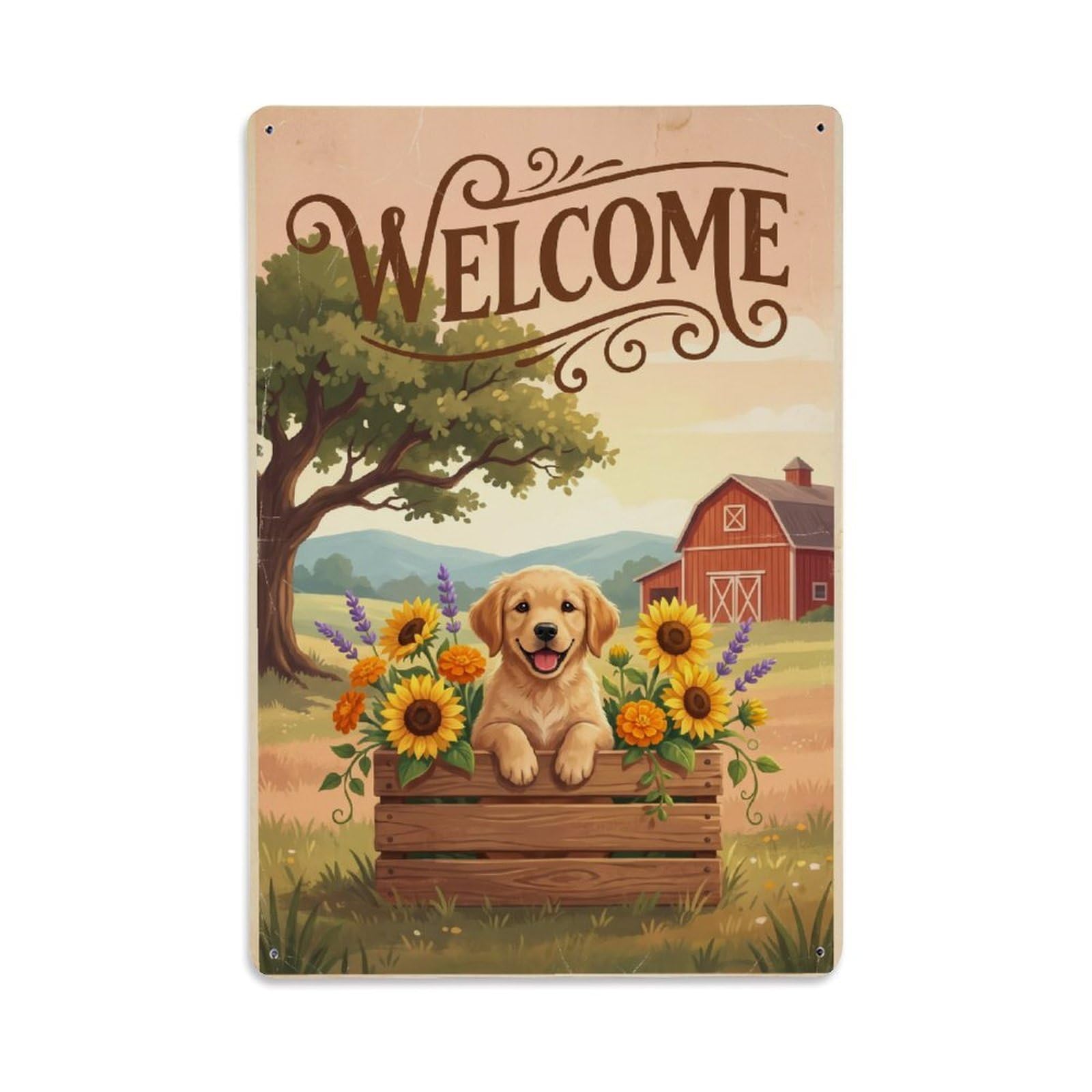 Cxhjca 8X12inch(20X30cm) Vintage Welcome Puppy Countryside Metal Tin Sign