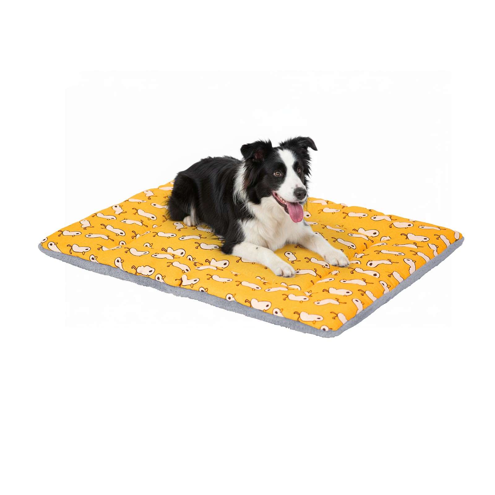 Dogat 80x60 cm Large Dog Bed Mattress Washable, Flat Dogs Crate Mat for Calming Anxiety in Yellow, Pet Cushion Beds with Fluffy Plush Side