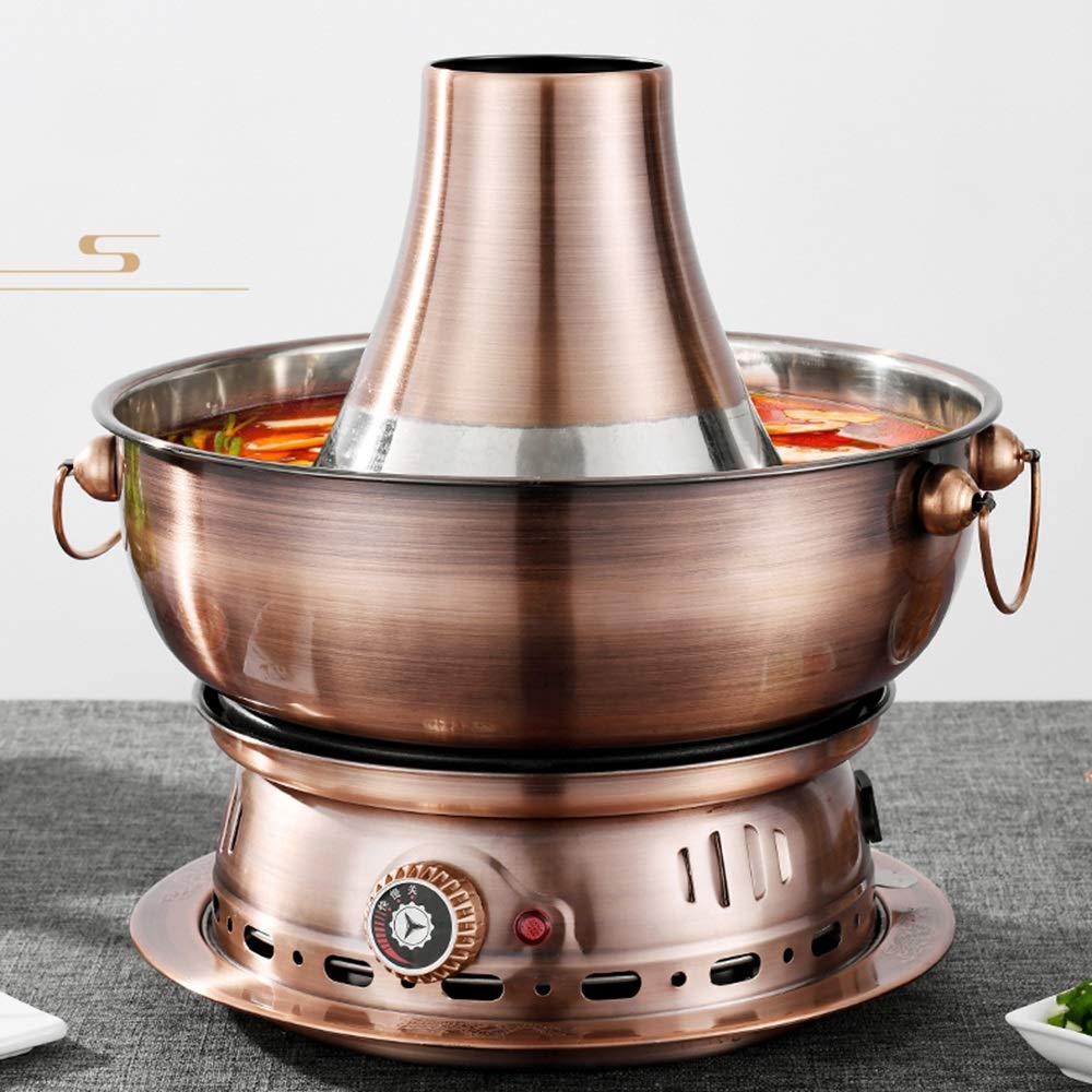 Pot Chaud électrique et Charbon de Bois à Double Usage de Style Chinois en Imitation cuivre de Pékin en Acier Inoxydable épaissi réglage de la température à,34 cm