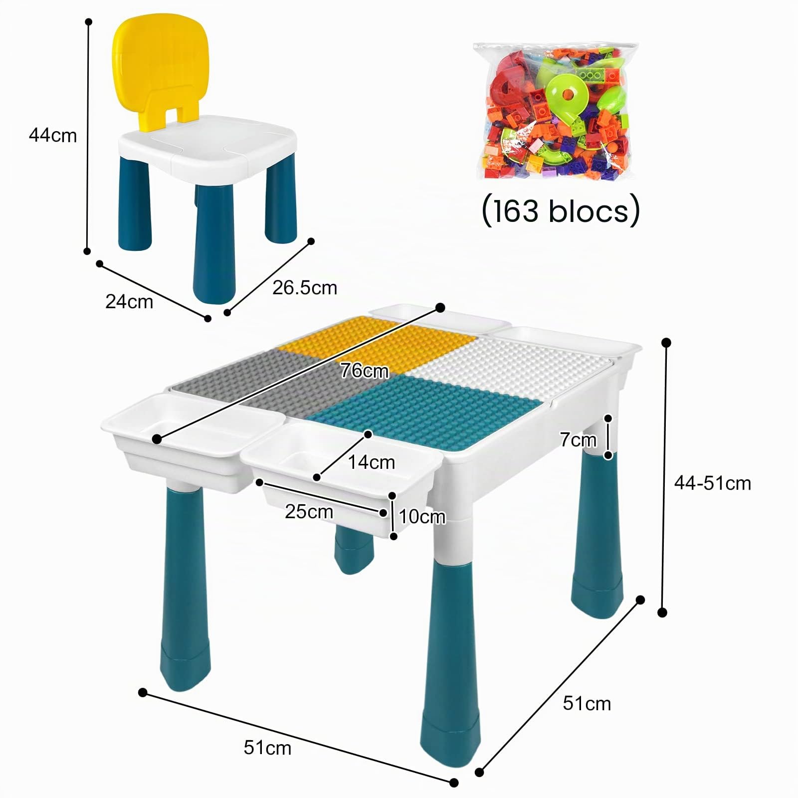 Aufun Ensemble Table et chaises réglables en Hauteur pour Enfants 6 en 1 Table de Jeu Blocs de Construction,Grand Ensemble Blocs de Construction multifonctionnels avec 163 Blocs de pièces,2 chaises