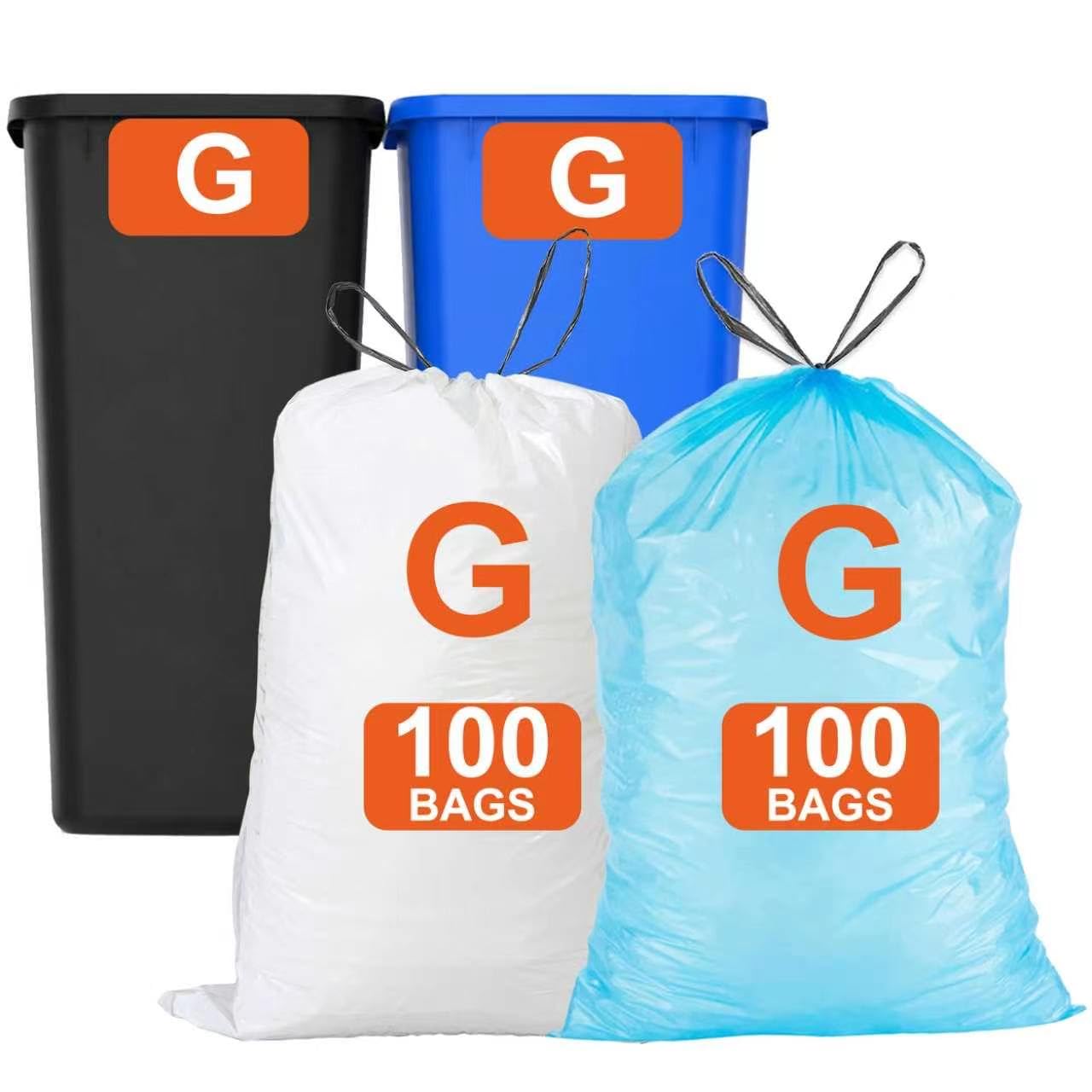 Code G 200 Count Blue &amp; White 8-9 Gallon 1.2 Mil THICK Heavy Duty with Reinforced Drawstring Tear Resistant White 100 &amp; Blue 100 Total 200 Count GRAND SAVE!