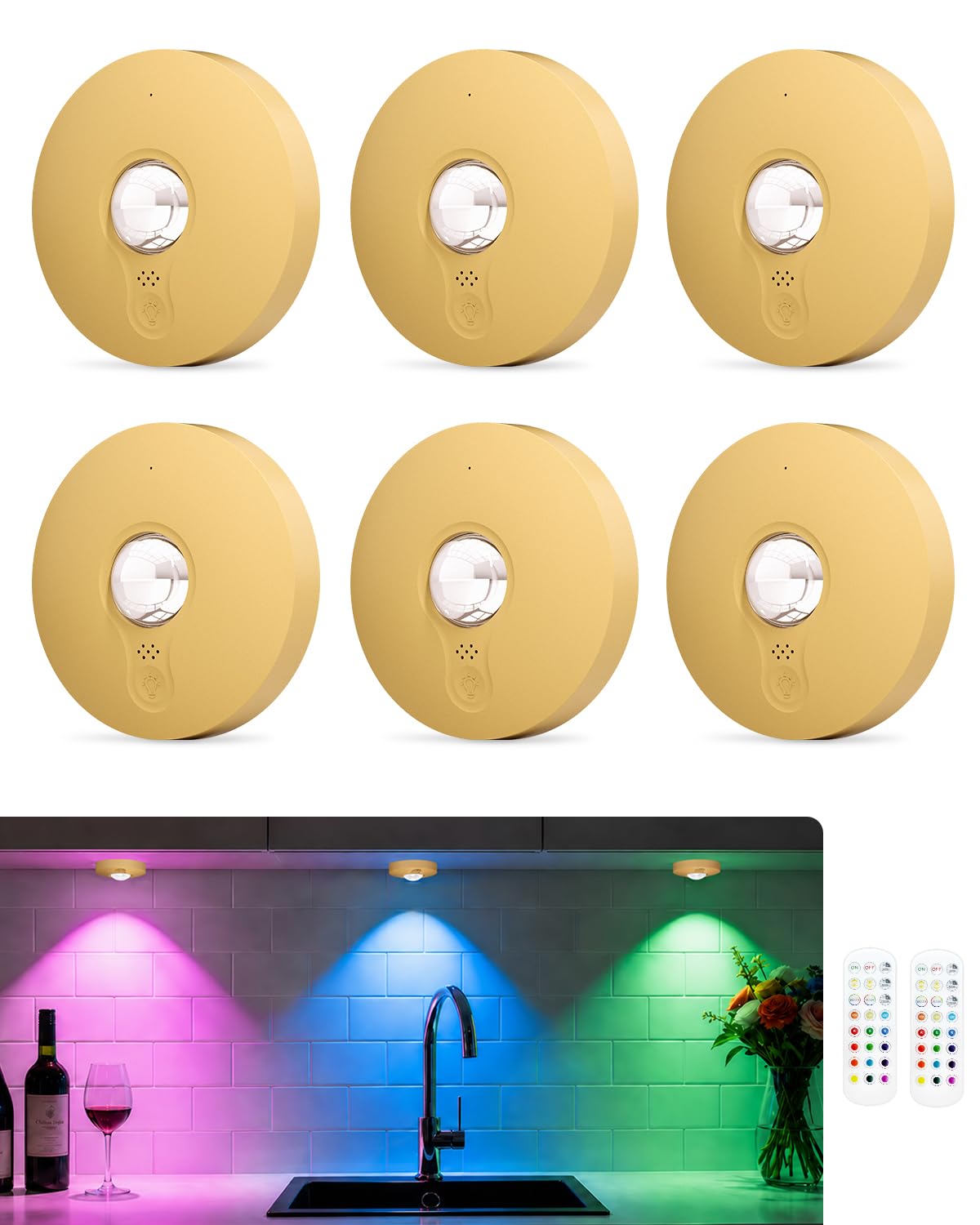 WUYOR Rechargeable RGB Puck Lights with Remote Control, 1500mAh Battery Under Cupboard Kitchen Lamp, Dimmer & Timer Under Cabinet, Wireless LED Stick-On for Closet, Bedroom - Gold 6Pcs