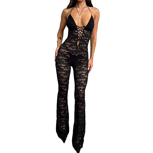 Molilove Women's Lace Jumpsuits Stretch See Through V Neck Drawstring Backless Flare Pants Rompers Sexy One Piece Outfits - Large - Black