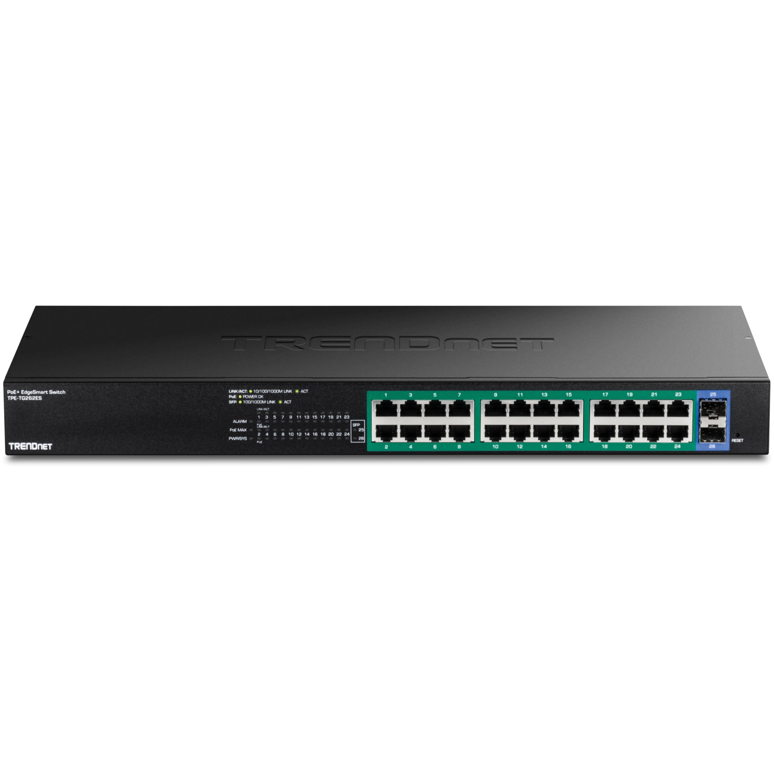 TRENDnet Gigabit EdgeSmart PoE+ Switch de 26 puertos, TPE TG262ES, 380W PoE de presupuesto de energía, 24 puertos Gigabit PoE+, 2 puertos Gigabit SFP, conmutador Ethernet de red gestionado, protección