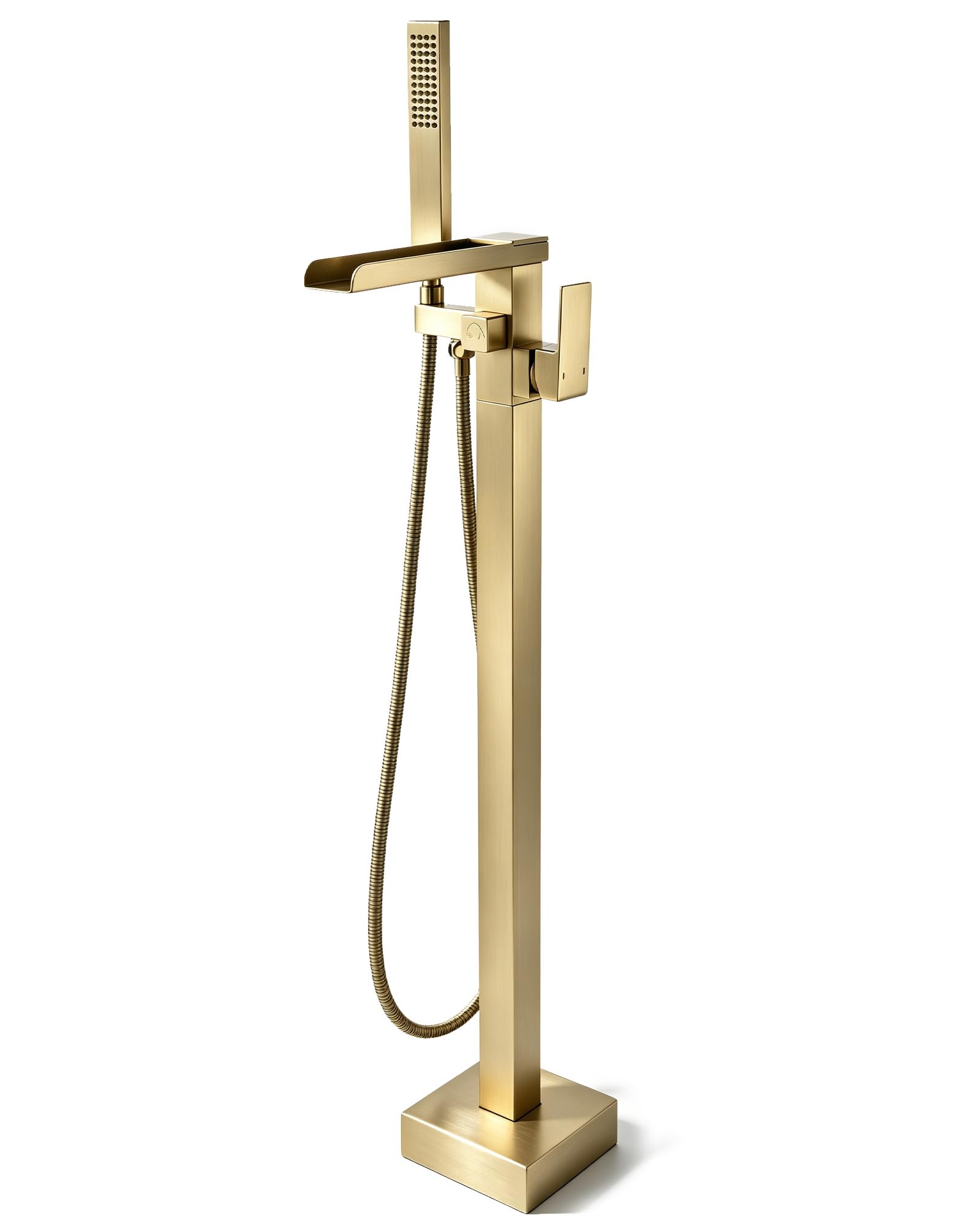 Freistehender Wannenarmatur, gebürstetes Gold, Bodenmontage, freistehende Wannenarmaturen, Messing, Stand-Alone-Wannenfüller, Wasserfall-Badewannenarmatur mit hohem Durchfluss, Badewannenarmatur