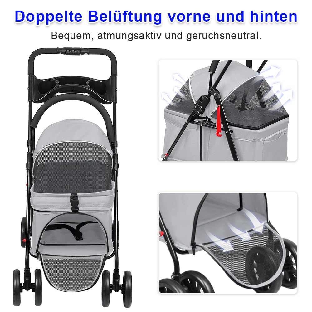 Homewell Faltbarer Hundebuggy für Hunde, Haustiere Buggy, Hundewagen mit abnehmbarer Transportbox, Getränkehaltern, Ablagefach und Netzfenstern, Klappbar, bis 20 kg (Grau)