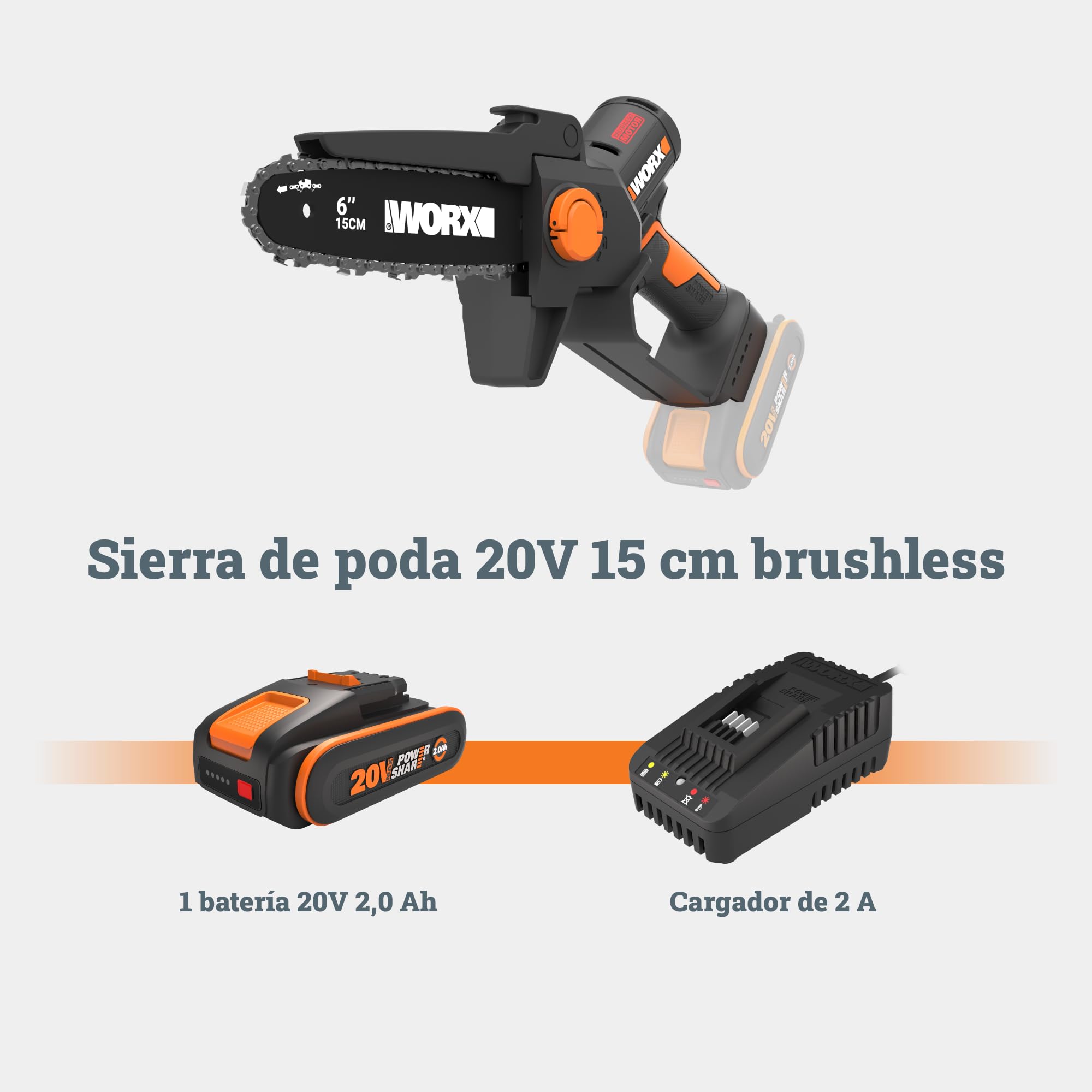 WORX WG327E Mini Motosierra 15cm 20V 2Ah Brushless, una Mano | Motor brushless NITRO, cambio cadena sin herramientas, doble seguridad, cargador 1h incluido, compatible 20V/40V