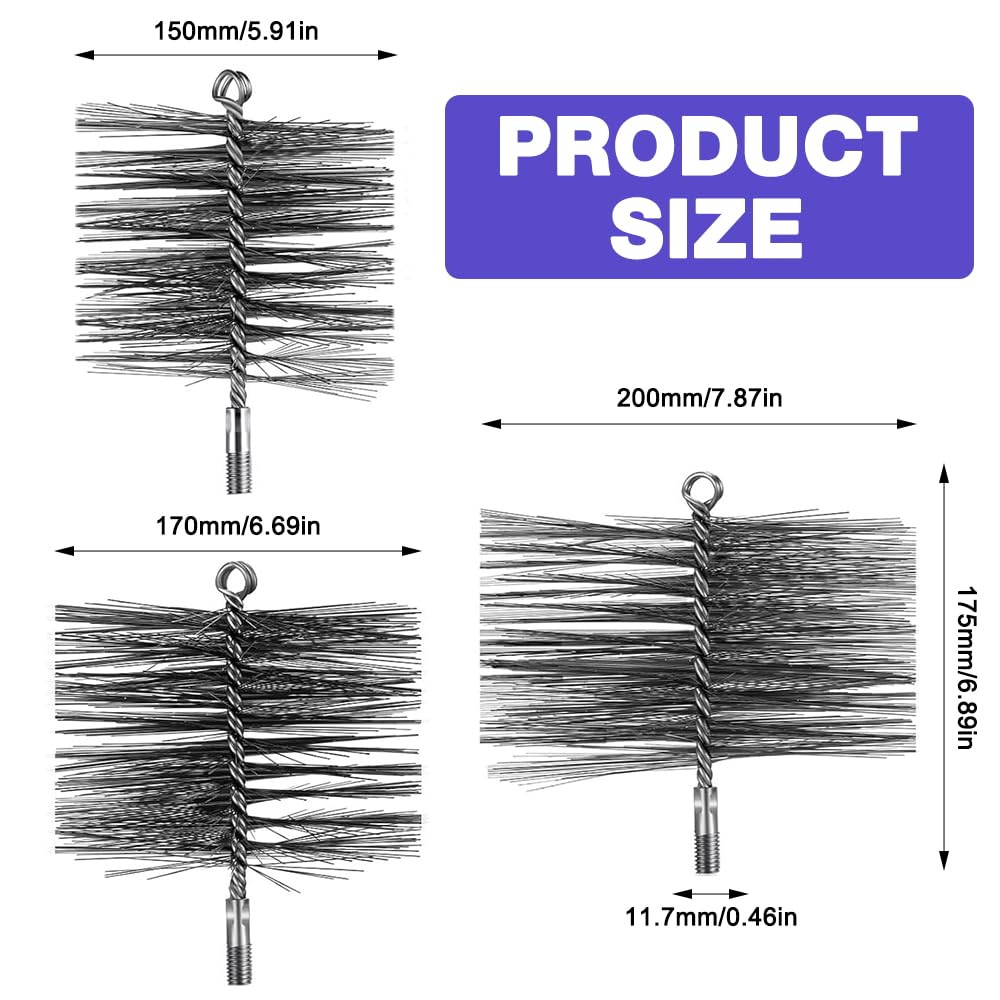 Cepillos de reamontonado para chimenea, 3 unidades, kit de reamontonado Poele Pellet, erizo de acero inoxidable, metálico, cepillo para limpieza de chimenea (150 mm, 170 mm, 200 mm)