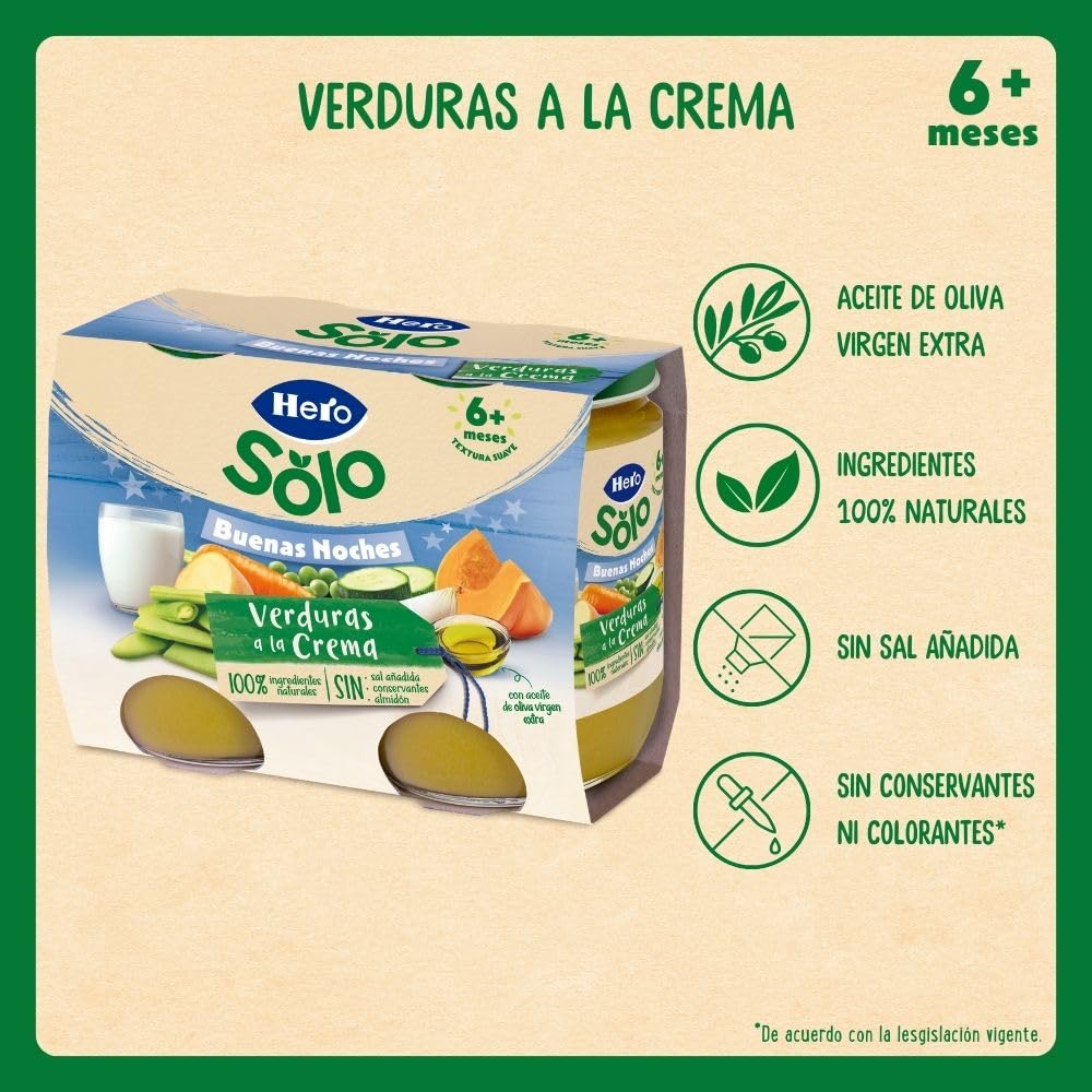 Hero Baby Buenas Noches Tarritos de Verduritas a la Crema, Sin Sal Añadida, 6 x 190 g