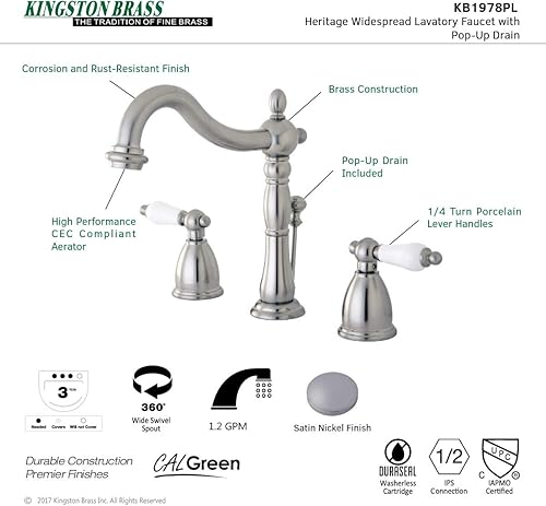 Miniatura 7 de Kingston Brass KB1978PL Heritage - Grifo de lavabo generalizado con mango de palanca de porcelana, níquel cepillado