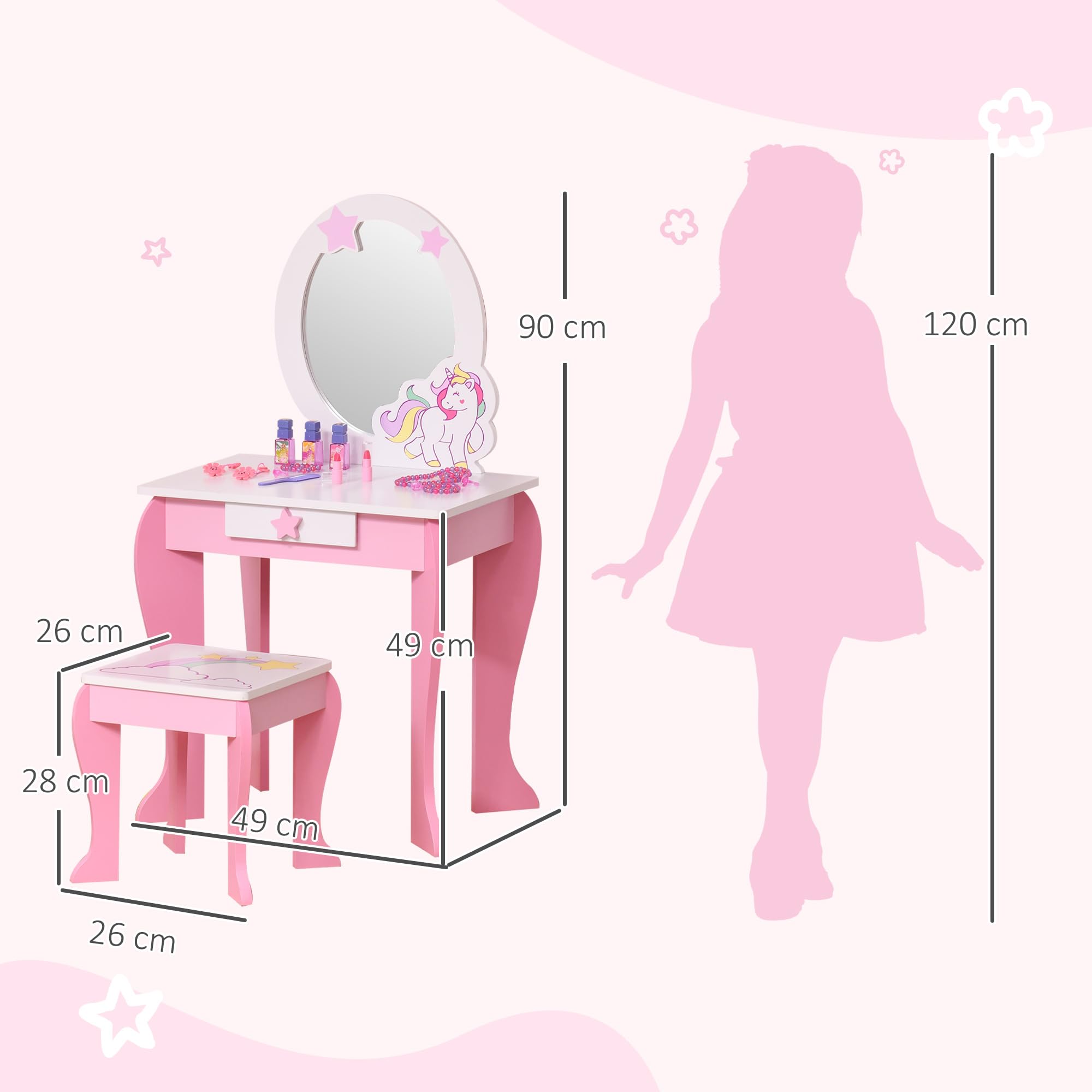 HOMCOM Coiffeuse Enfant Design Licorne - Tabouret Inclus - dim. 49L x 34l x 90H cm - tiroir, Miroir - MDF - Rose Blanc