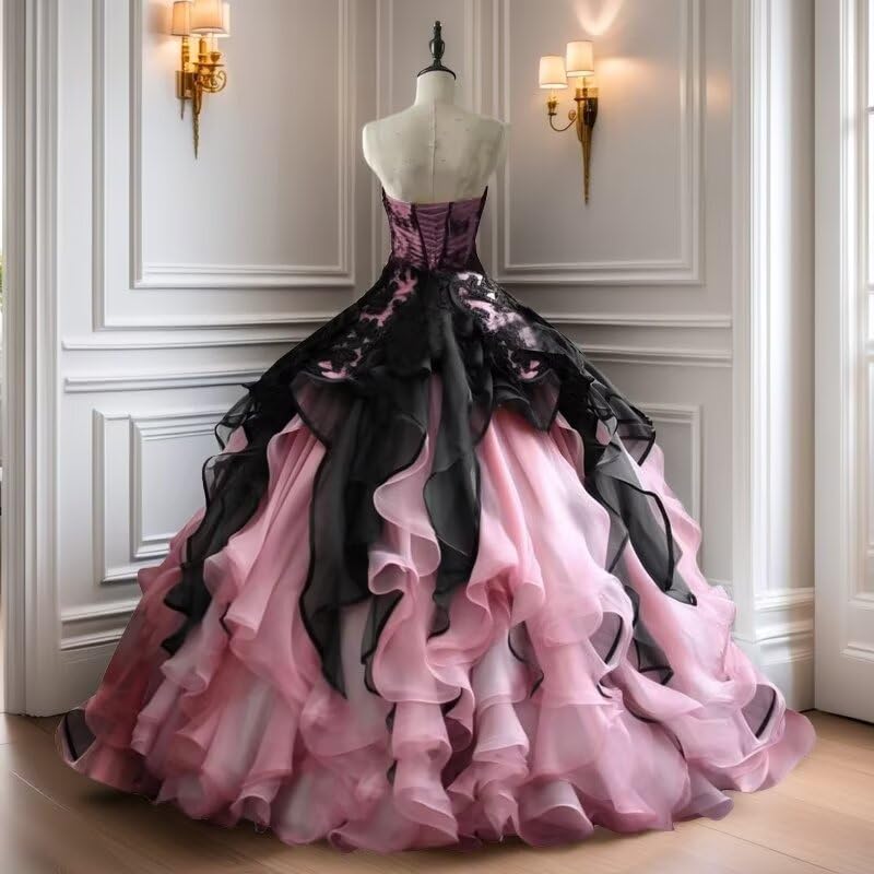 Mouccy Gothic Organza Quinceanera Dresses with Ruffles Black Lace Wedding Dresses for Bride Vintage Layered Puffy Ball Gown2