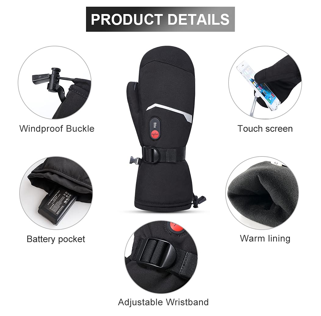 Moufles de ski chauffantes - Batterie 7,4 V 2200 mAh - 3 niveaux de chauffage (40/50/60 °C) - Surface de chauffage complète des doigts - Imperméable et coupe-vent - Écran tactile - Sangle de poignet