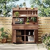 Harper & Bright Designs Potting Bench Table with Cabinet and Open Shelves, 65' Large Farmhouse Wooden Outdoor Patio Workstation, Garden Potting Bench with 2 Drawers for Backyard, Mudroom, Brown