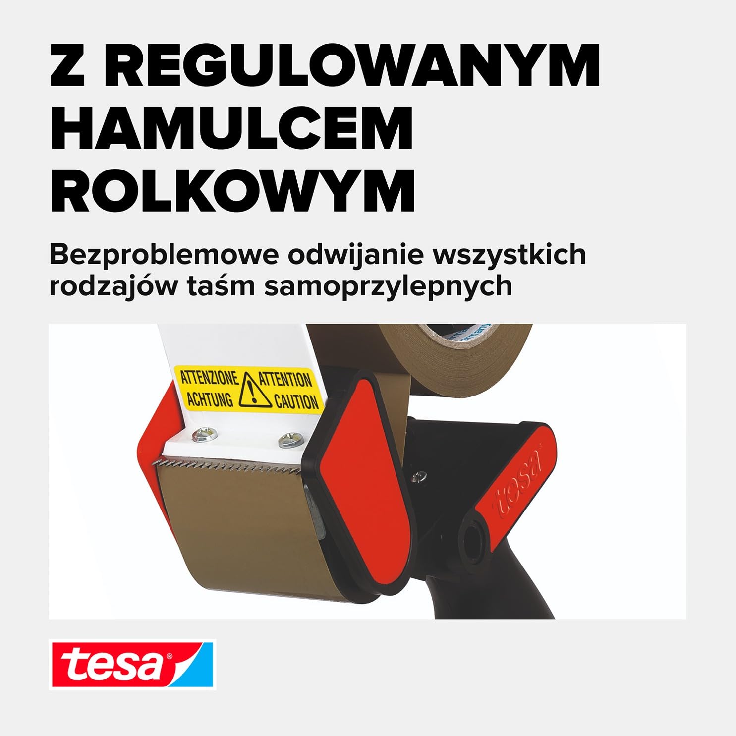 tesa klasyczny dozownik ręczny, uniwersalny dozownik taśmowy do odwijania taśm samoprzylepnych, solidny metalowy uchwyt, do taśm o szerokości do 50 mm, czerwony i czarny