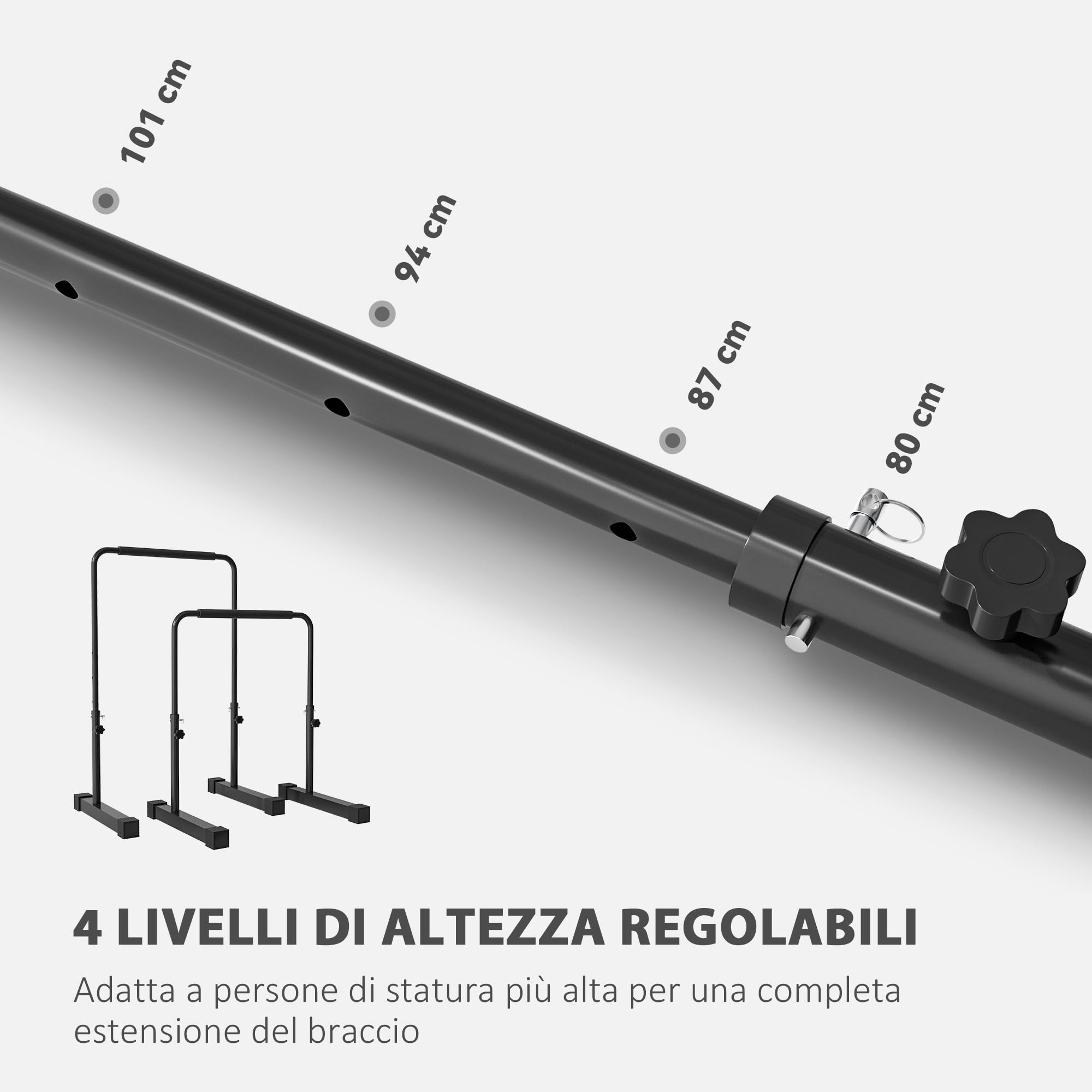 SPORTNOW Set 2 Barre per Dip Regolabile su 4 Altezze con Maniglie Antiscivolo, Push Up Bar in Acciaio, 70x50x80-105 cm, Nero