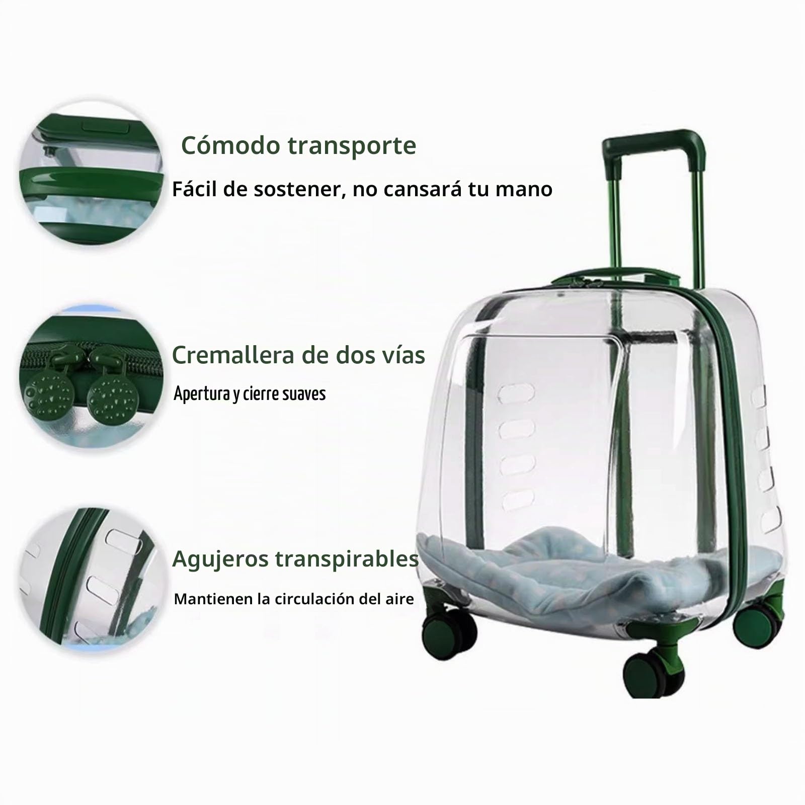 Maleta Portátil con Ruedas Cápsula Espacial Transpirable Maleta para Gatos Gran Capacidad, Mochila para Gatos Transparente (Color : Green Transparent)