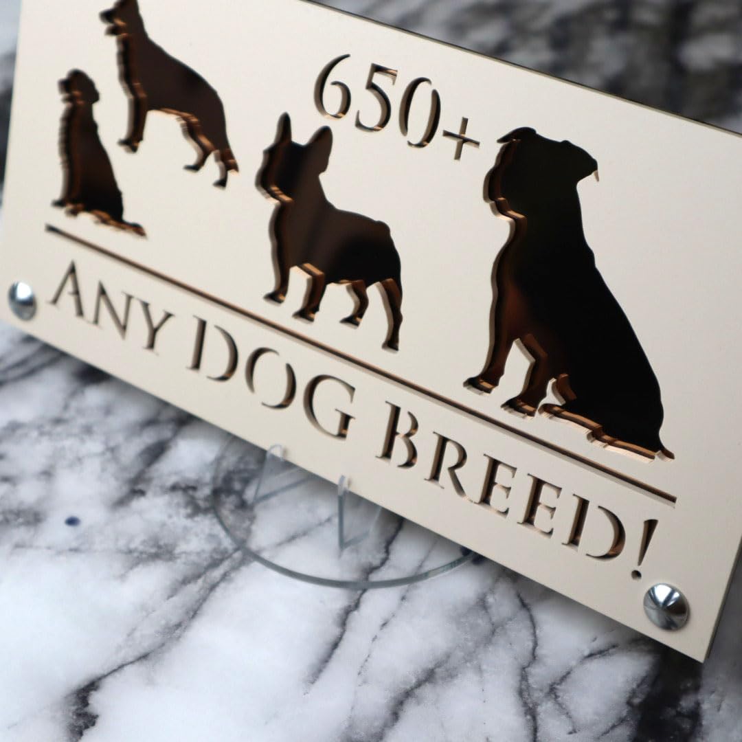 K Smart Sign | 280mm x 140mm | Personalised Dog Luxe property house Dogs wall number address Any-Dog personalised plaque numbers signs fully personalised choose your own (Beige & Copper Mirror)