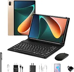 3 em 1 Tablet Pad 5 Pro, 10.1 Polegada Android 13 Tablet, 8GB+256GB com Teclado Capa Mouse, Processador Octa-Core, 32MP/16MP Câmera 8800mAh Bateria Dual SIM Slot (Dourado)