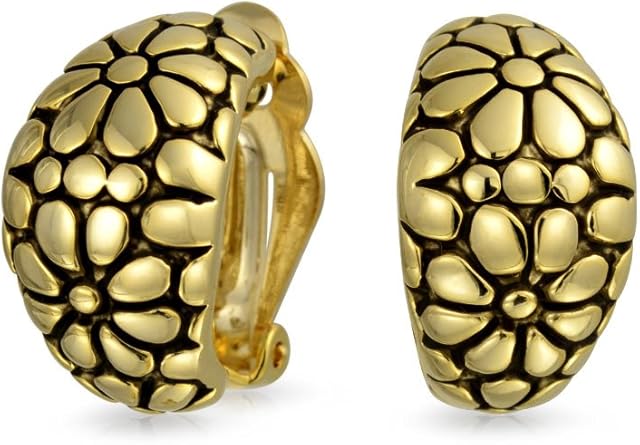 Flower Wide Half Hoop Clip On Earrings For Women Shrimp Style Non Pierced Ears Oxidized 14K Gold or Silver Plated Brass