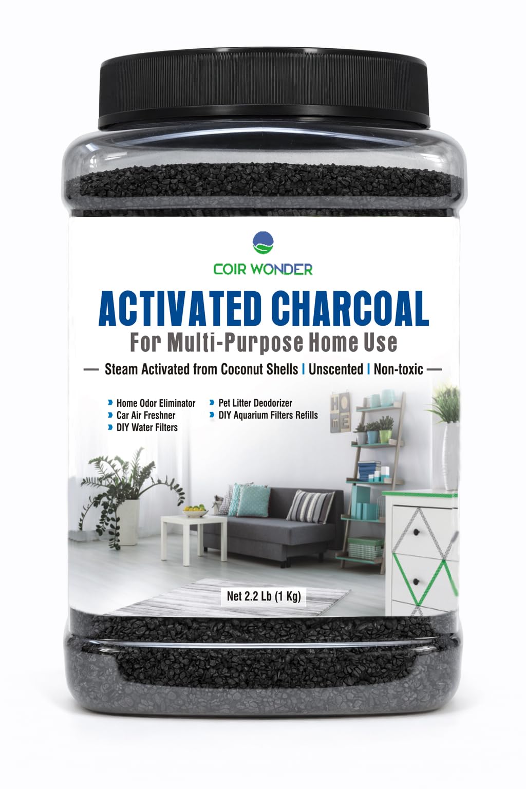 Coir Wonder Activated Charcoal Odor Absorber – 2.2 Lb – Coconut Shell Carbon Granules – Natural Air Purifier for Home, Car, Closet, Fridge, Shoes, Gym Bags, Trash Areas – Room Deodorizer