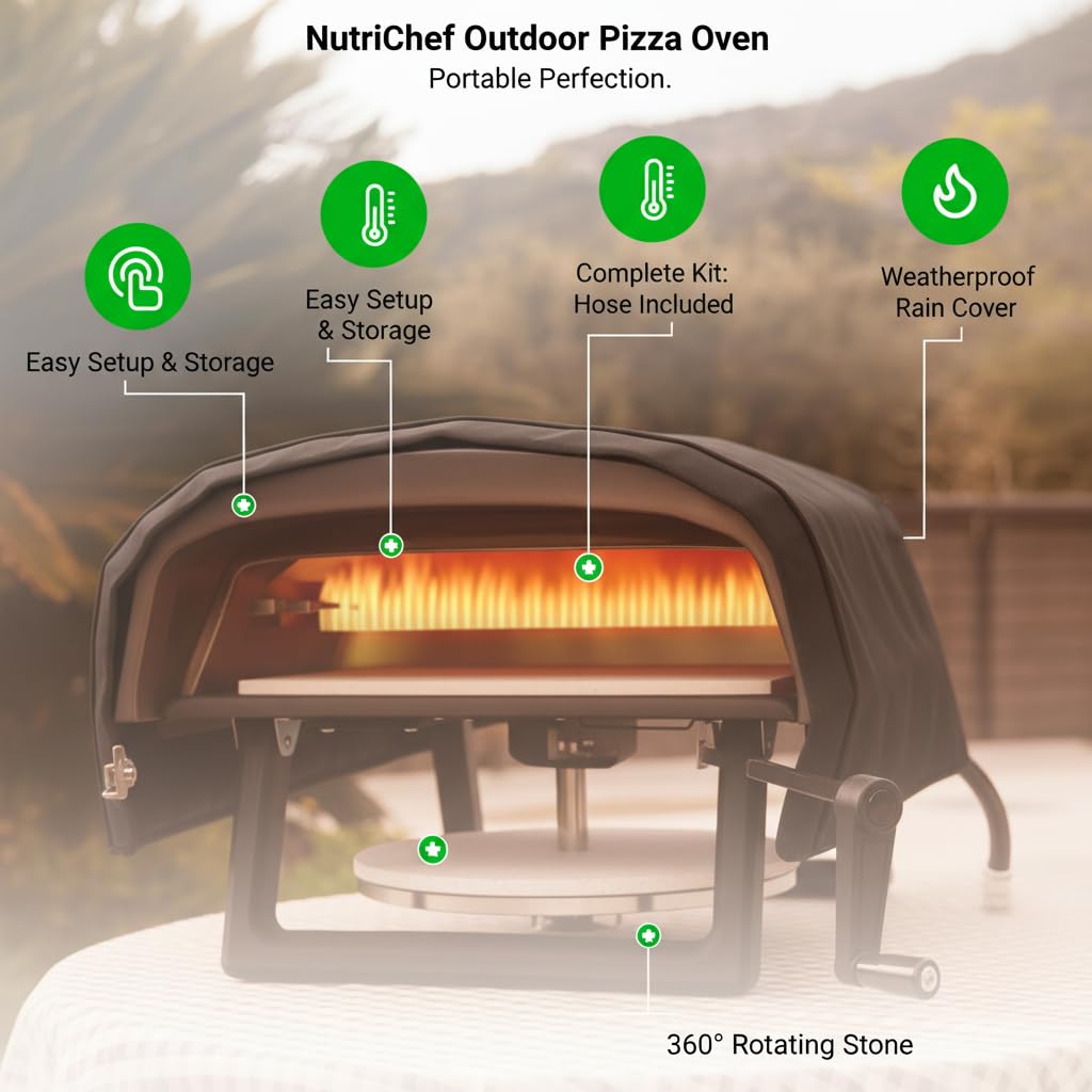 NutriChef Forni per pizza portatili da esterno da tavolo, forno per pizza a gas da 30,5 cm, pietra per pizza rotante a 360°, macchina per pizza a riscaldamento rapido, griglia per pizza in acciaio