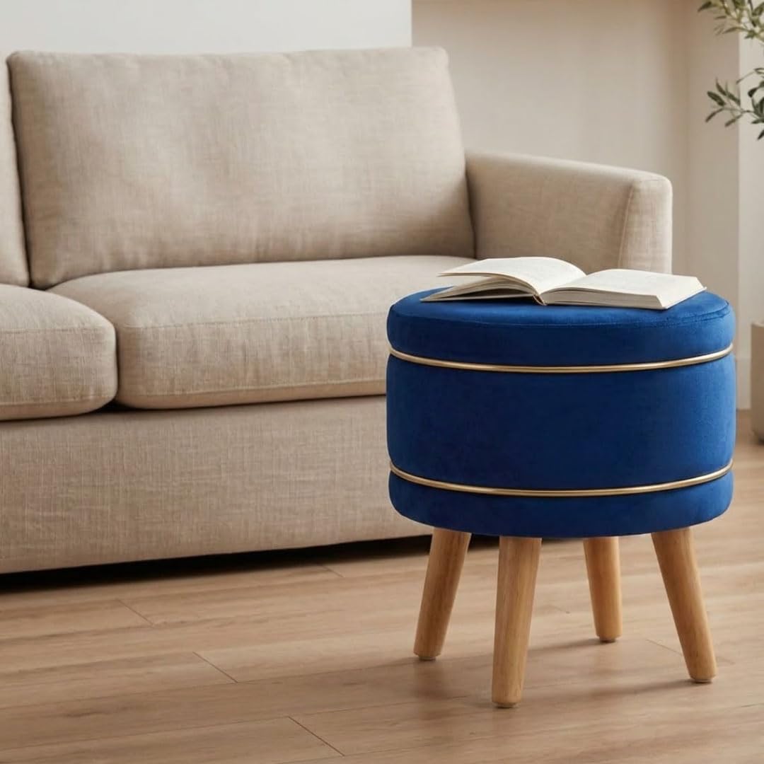 Footstool Puffy for Home, Bedroom, and Makeup Table | Velvet Small Ottoman Foot Stool | Solid Wood Legs Blue-image-34