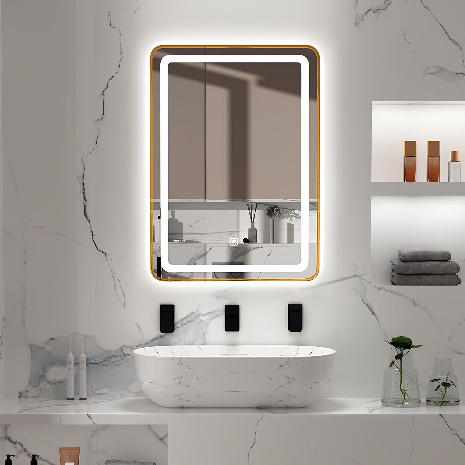 Espejo de baño LED regulable de 70 x 90 cm con iluminación delantera y trasera antivaho