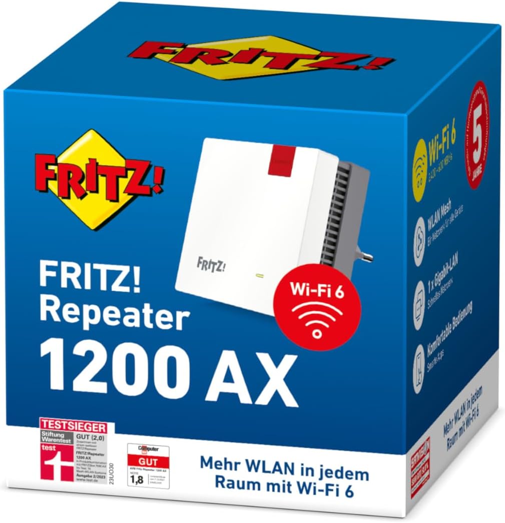 AVM FRITZ!Repeater 1200 AX (Wi-Fi 6 Repeater mit zwei Funkeinheiten: 5 GHz-Band (bis zu 2.400 MBit/s), 2,4 GHz-Band (bis zu 600 MBit/s), deutschsprachige Version – Bild 3
