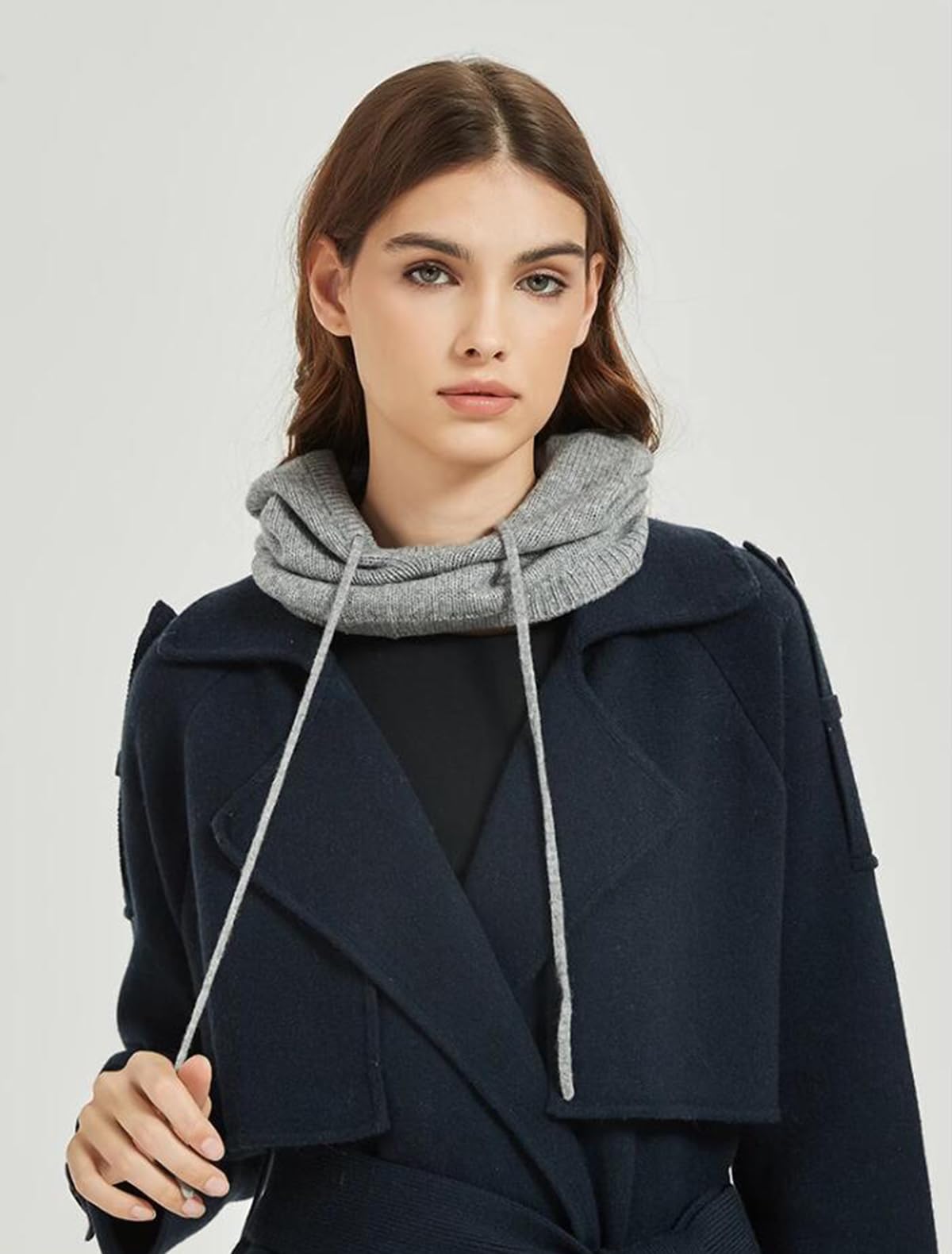 Unisexe Cagoule Bonnet Echarpe à Capuche, 10% Cachemire & 90% Laine, Hiver Doux Tricoté Chapeau Tube Écharpe 2 en 1 pour Femme Homme, Mode Chaud Foulard Loop à Capuche en Tricot, Cadeau Grey F