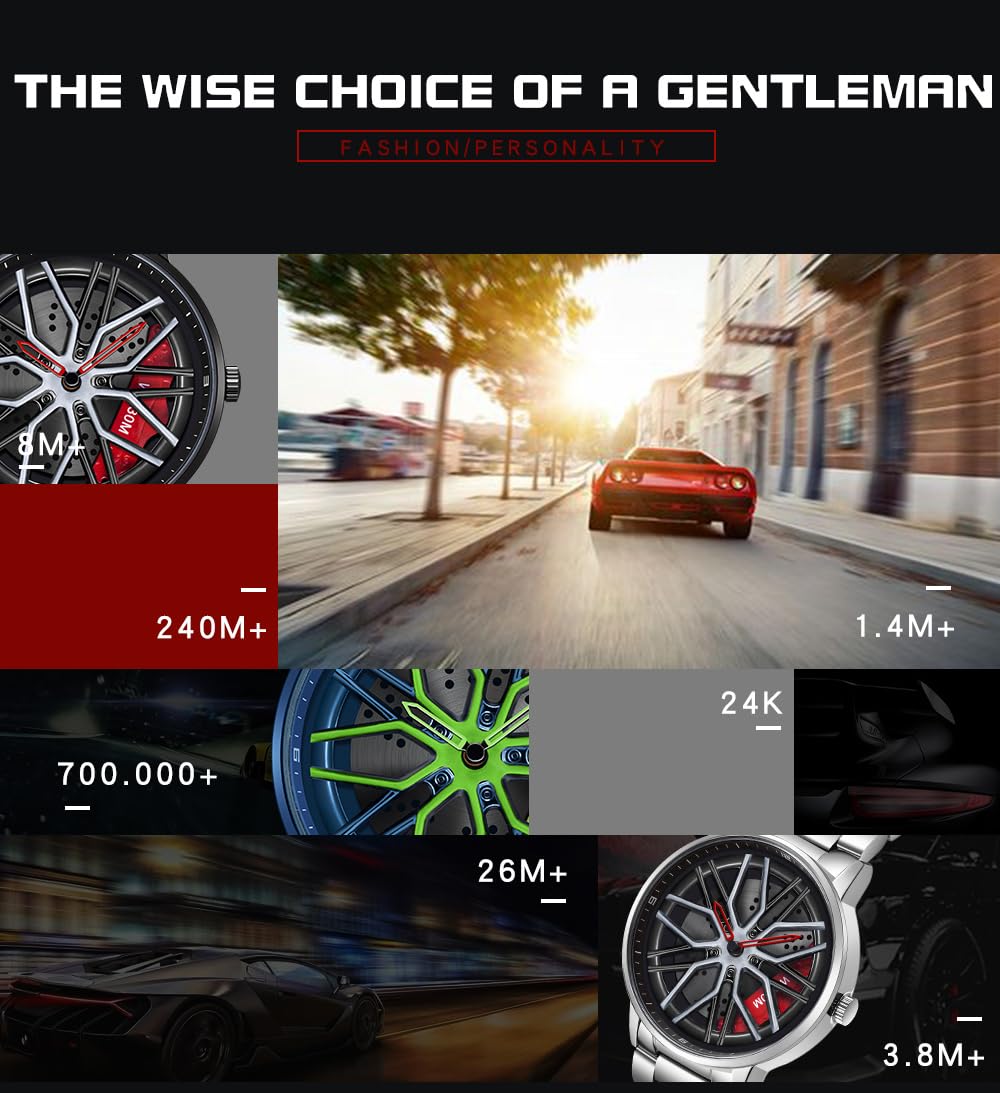 MASTOP - Reloj de coche para hombre, diseño hueco, resistente al agua, cuarzo analógico, correa de acero inoxidable, apto para hombres y amantes del coche