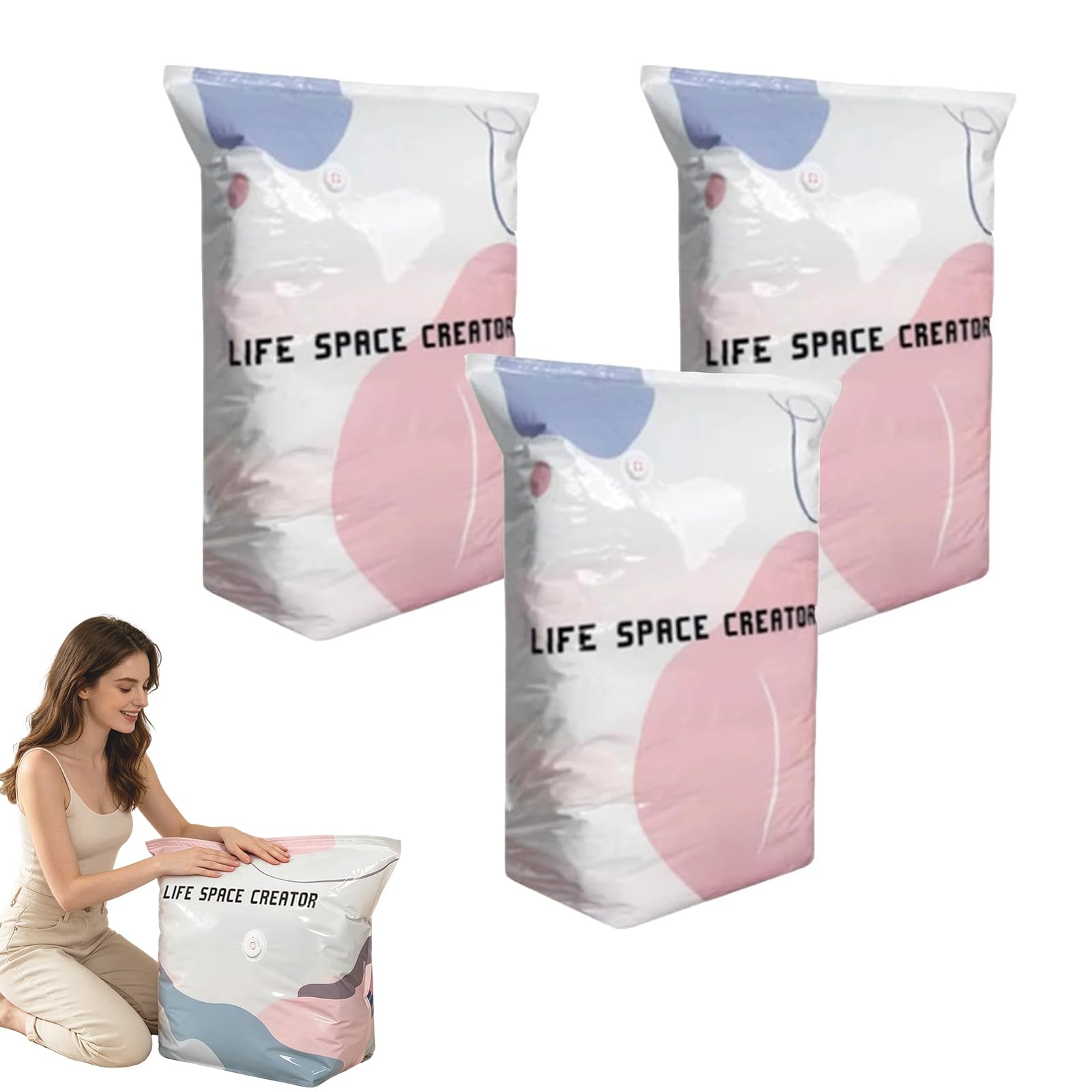 Multi-Pack No-Pump 3D Vacuum Storage Bags, PA+PE Tear Resistance Material, Reduce 80% Volume, One-Touch Quick Air Release, Reusable, Extra-Large Capacity, for Clothes, Bedding & Travel (L*3)