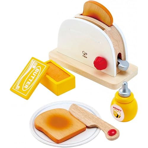 Hape White Wooden Pop-Up Toaster Set Pretend Play Breakfast Accessories for Preschoolers