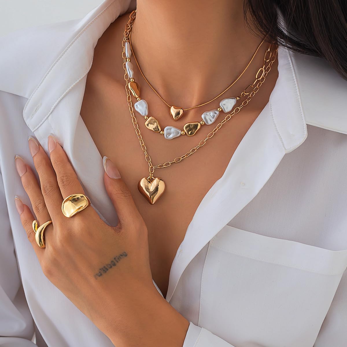 Chunky Heart Layered Necklaces for Women Men Layered Puffy Love Pendant Necklaces 14K Gold Plated Multilayer Chain Heart Stone Pearl Choker Necklace Pearl Jewelry - Image 3