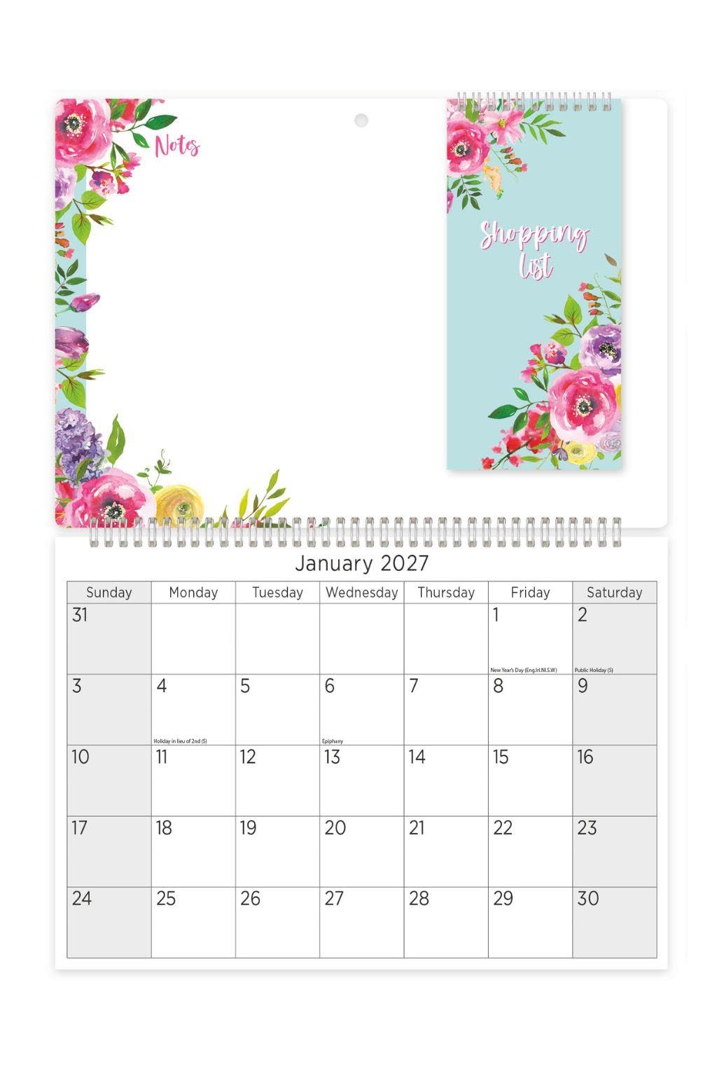 2027 Memo Wall Calendar Wipeboard - Blue Floral Design With Shopping List