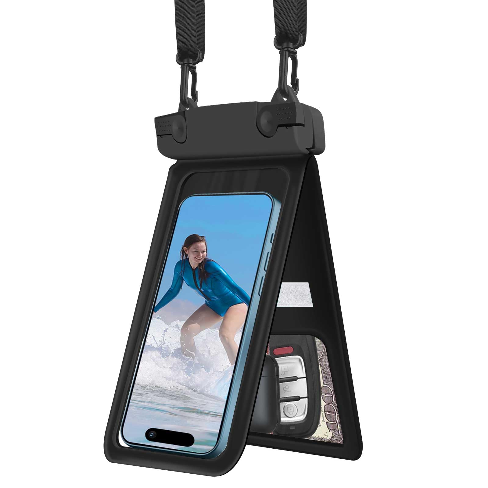 Waterproof Phone Pouch Floating, IPX8 Double Space Cell Phone Case for iPhone 15 14 13 Pro Max Plus Samsung Galaxy S23 S22 Ultra, Detachable Lanyard, Cruise Ship Essentials(Black)