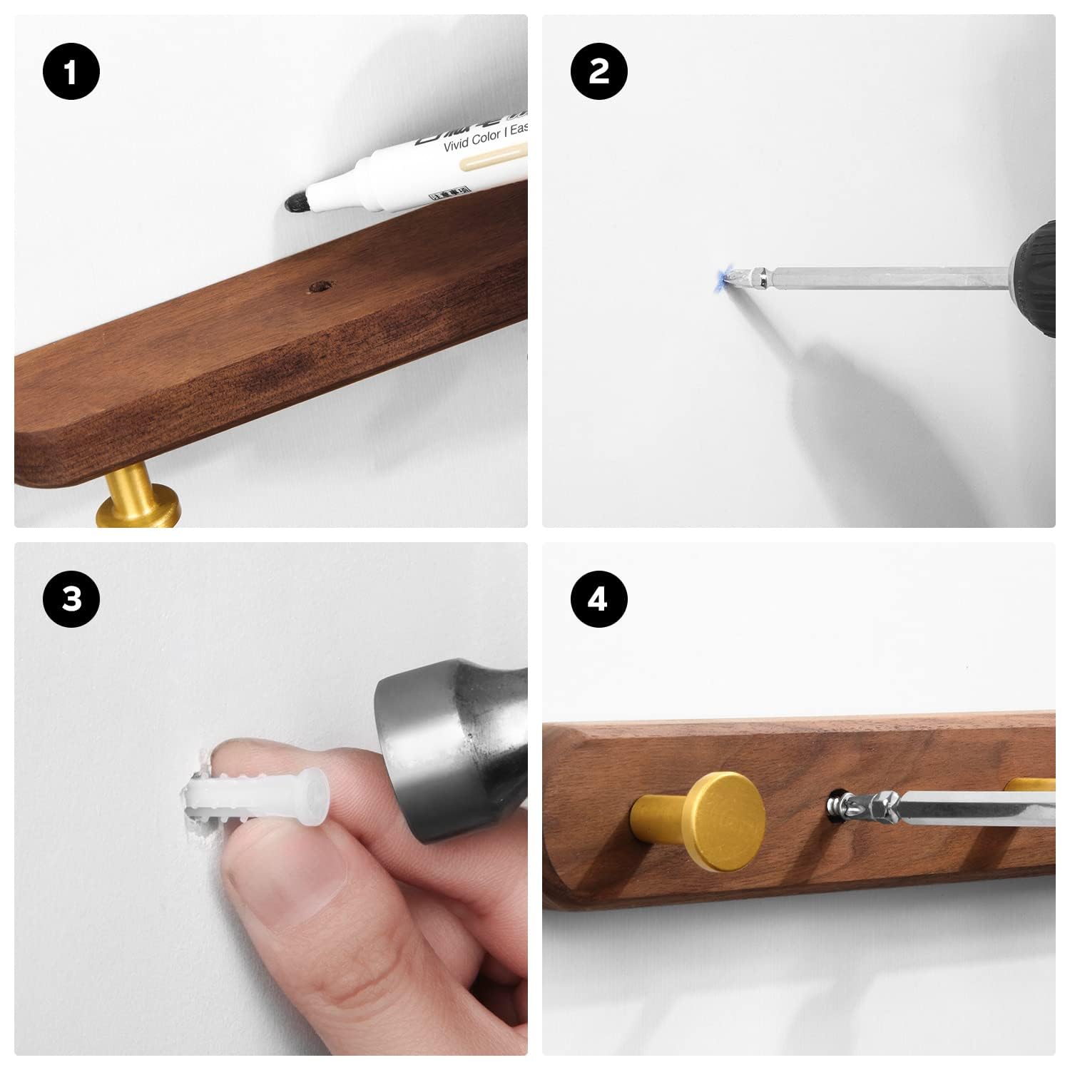4 Haken Wandgarderobe mit Gold Zinklegierung Garderobenhaken Walnuss Holzsockel für Badezimmer Küche Garderobenbügel Rundhaken 4 Haken