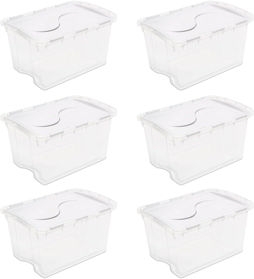 Sterilite 19148006 48 Quart/45 Liter Hinged Lid Storage Box, Clear with White Lid, 5-Pack 48 Quart 6-Pack Box