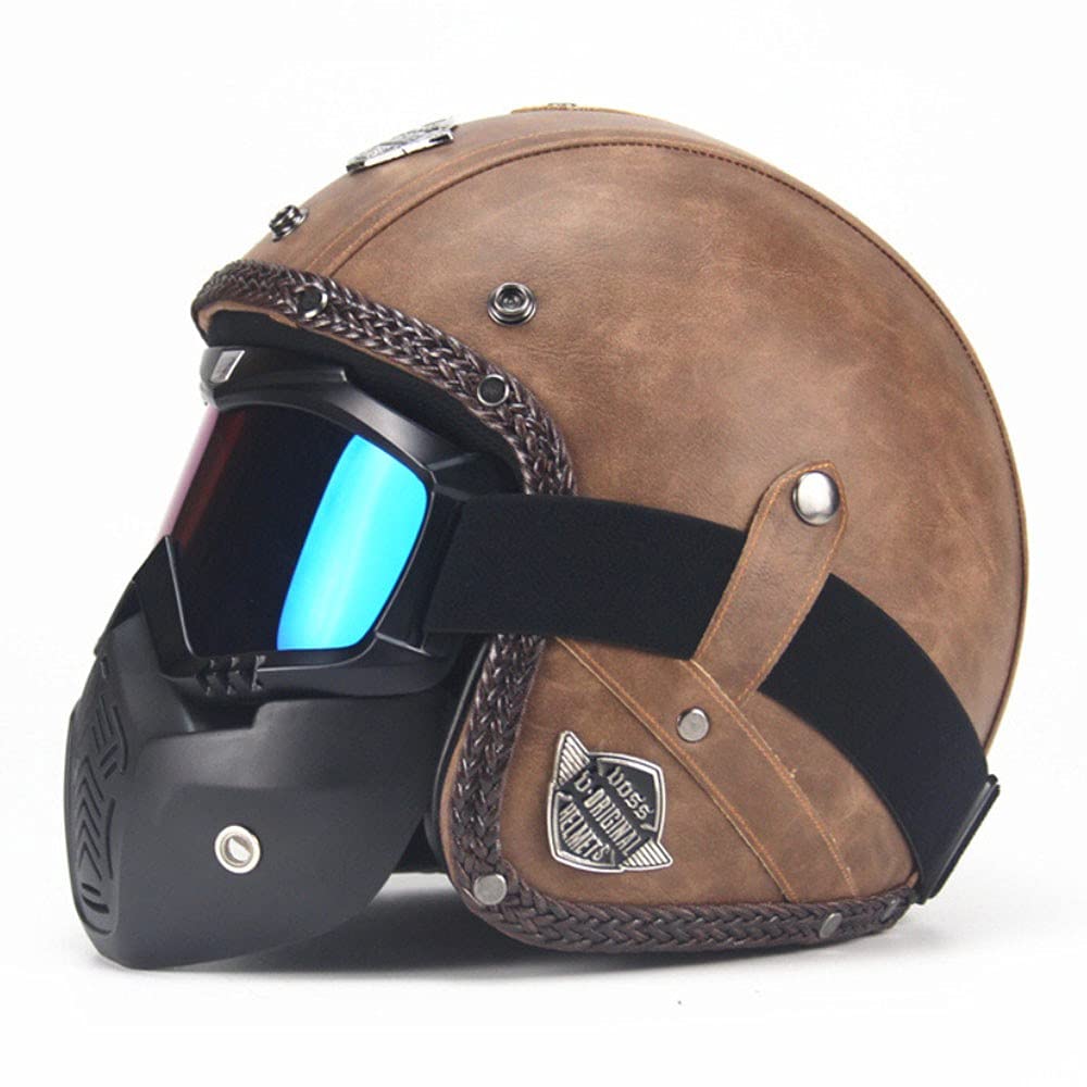 Cuir Casque Moto Jet Vintage Retro avec Lunettes et Masque, Unisexe 3/4 Moto Chopper Scooter Modulable Casque De Vélo, ECE Homologué en pour Casque De Moto Homme Et Femme - M~XXL